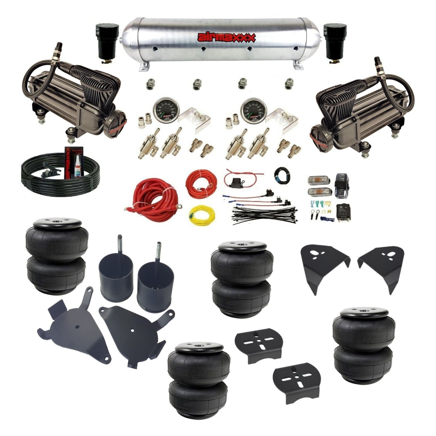 airmaxxx manual air suspension kit X-series compressors Raw aluminum air tank Air Lift bags fits 1982-05 Chevy S10/S15/Sonoma KS10-XB2-59ARW-4TOG2GA2B-WK-HFD25
