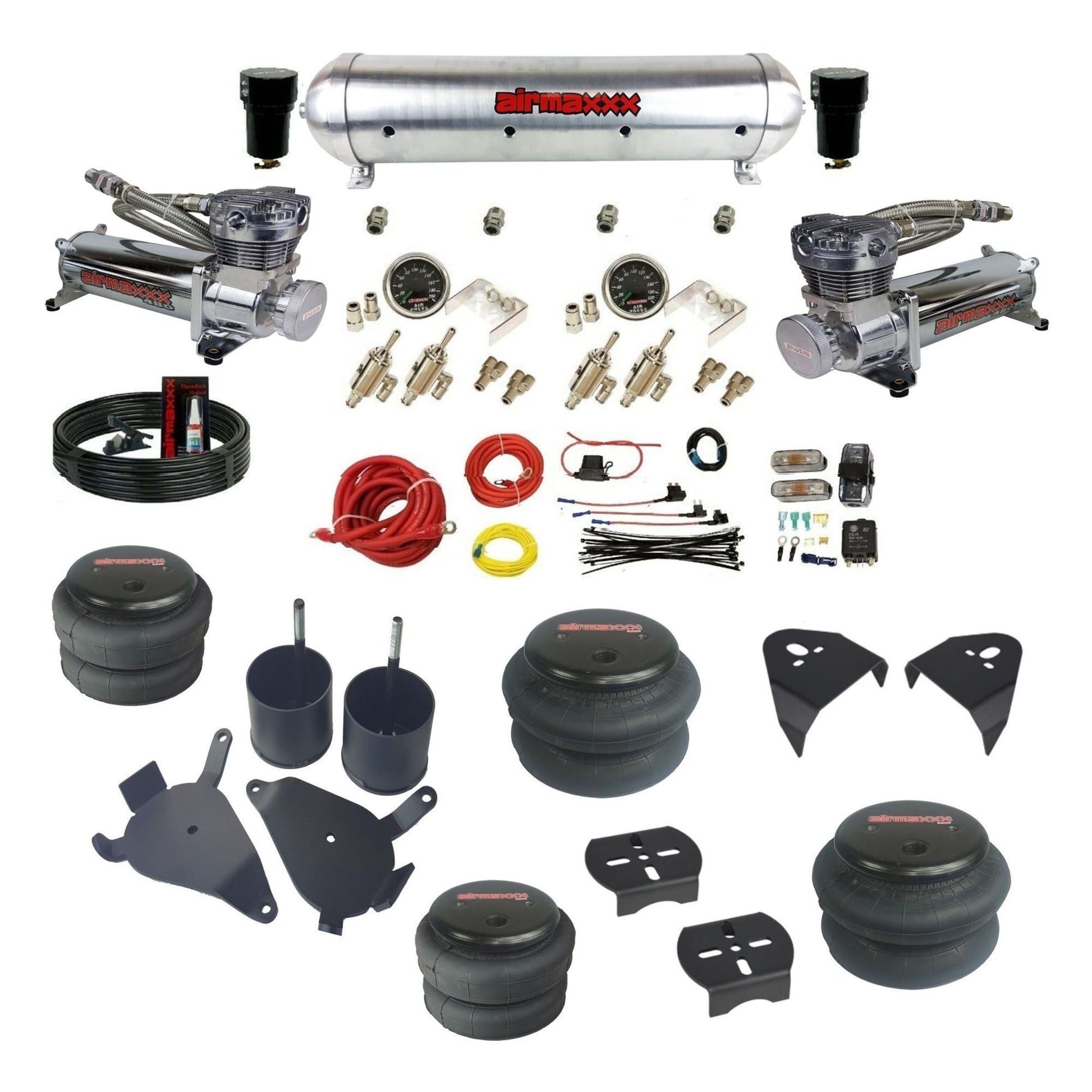 airmaxxx manual air suspension kit chrome 480 compressors Raw aluminum air tank 2600 bags fits 1982-05 Chevy S10/S15/Sonoma KS10-480C2-59ARW-4TOG2GA2B-WK-HF