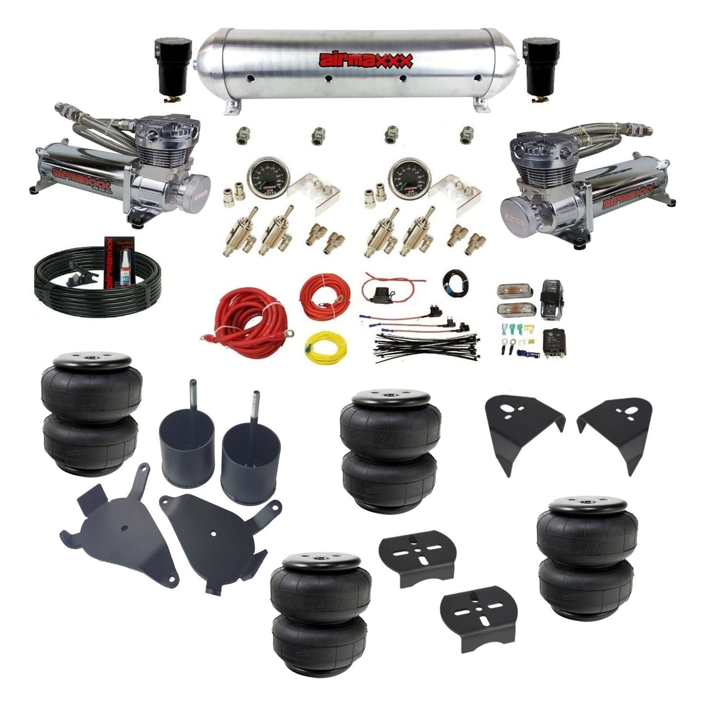 airmaxxx manual air suspension kit chrome 480 compressors Raw aluminum air tank Air Lift bags fits 1982-05 Chevy S10/S15/Sonoma KS10-480C2-59ARW-4TOG2GA2B-WK-HFSD25