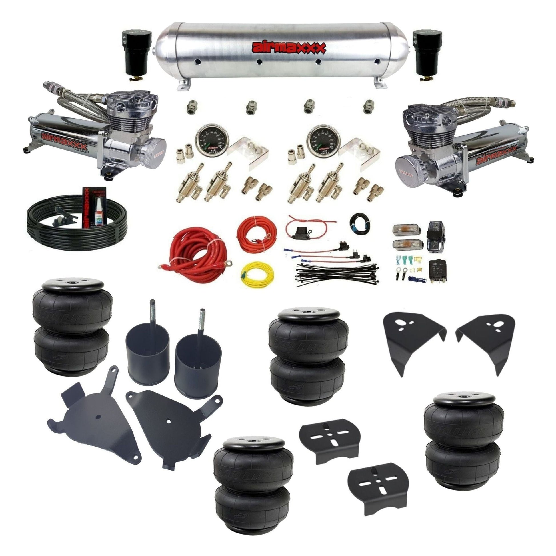 airmaxxx manual air suspension kit chrome 480 compressors Raw aluminum air tank Air Lift bags fits 1982-05 Chevy S10/S15/Sonoma KS10-480C2-59ARW-4TOG2GA2B-WK-HFSD25