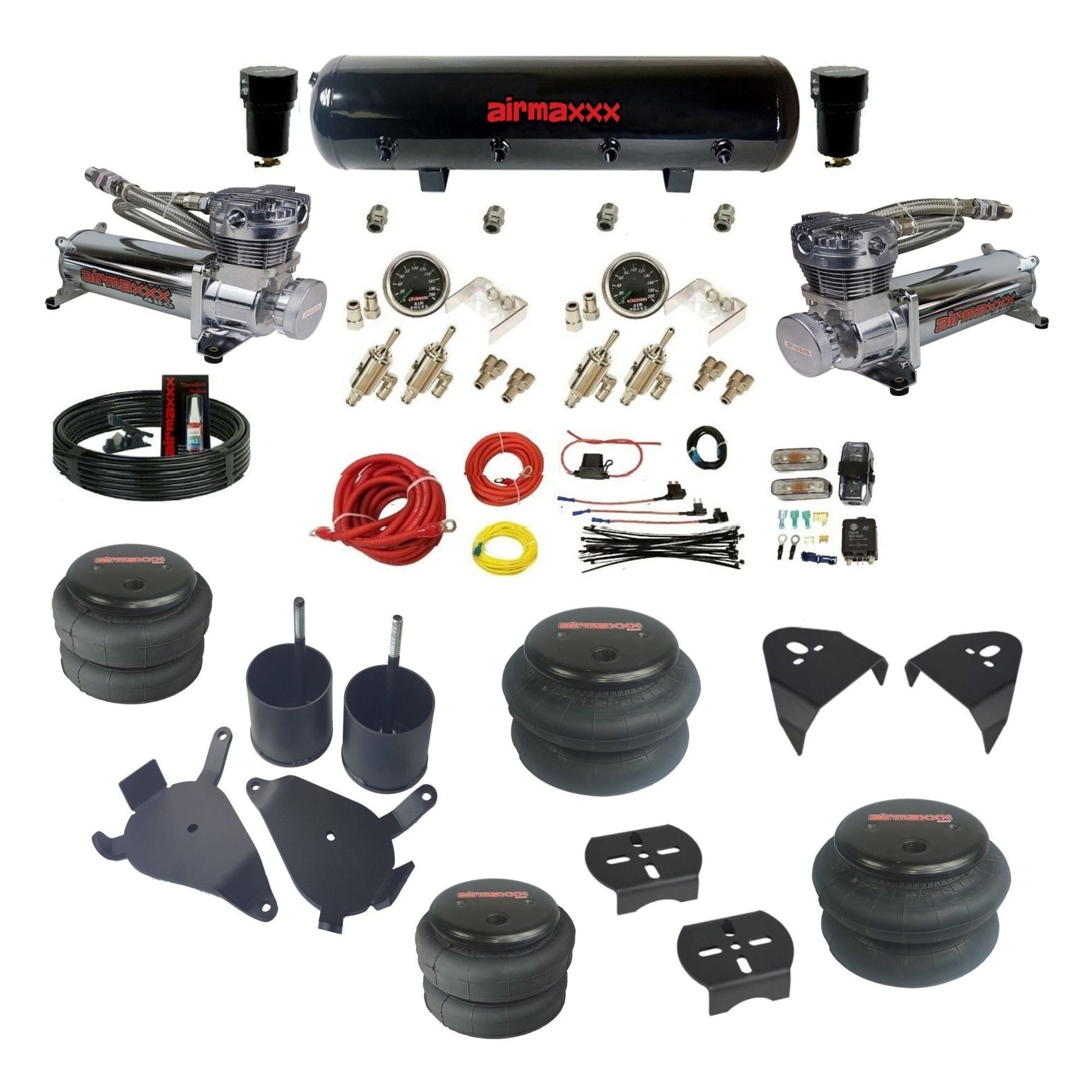 airmaxxx manual air suspension kit chrome 480 compressors steel air tank 2600 bags fits 1982-05 Chevy S10/S15/Sonoma KS10-480C2-59S-4TOG2GA2B-WK-HF