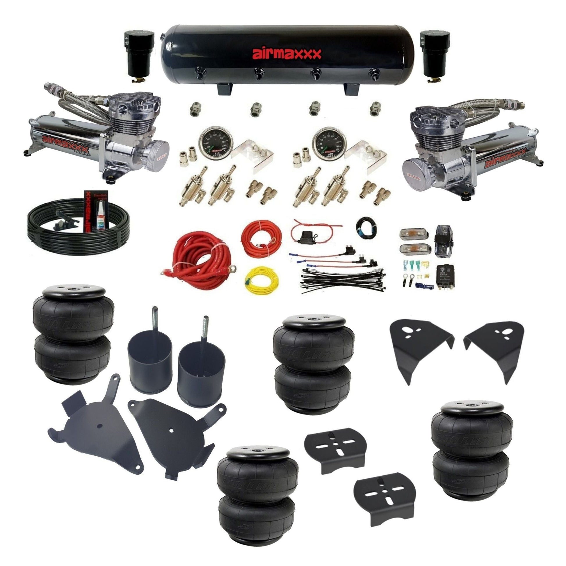 airmaxxx manual air suspension kit chrome 480 compressors steel air tank Air Lift bags fits 1982-05 Chevy S10/S15/Sonoma KS10-480C2-59S-4TOG2GA2B-WK-HFD25