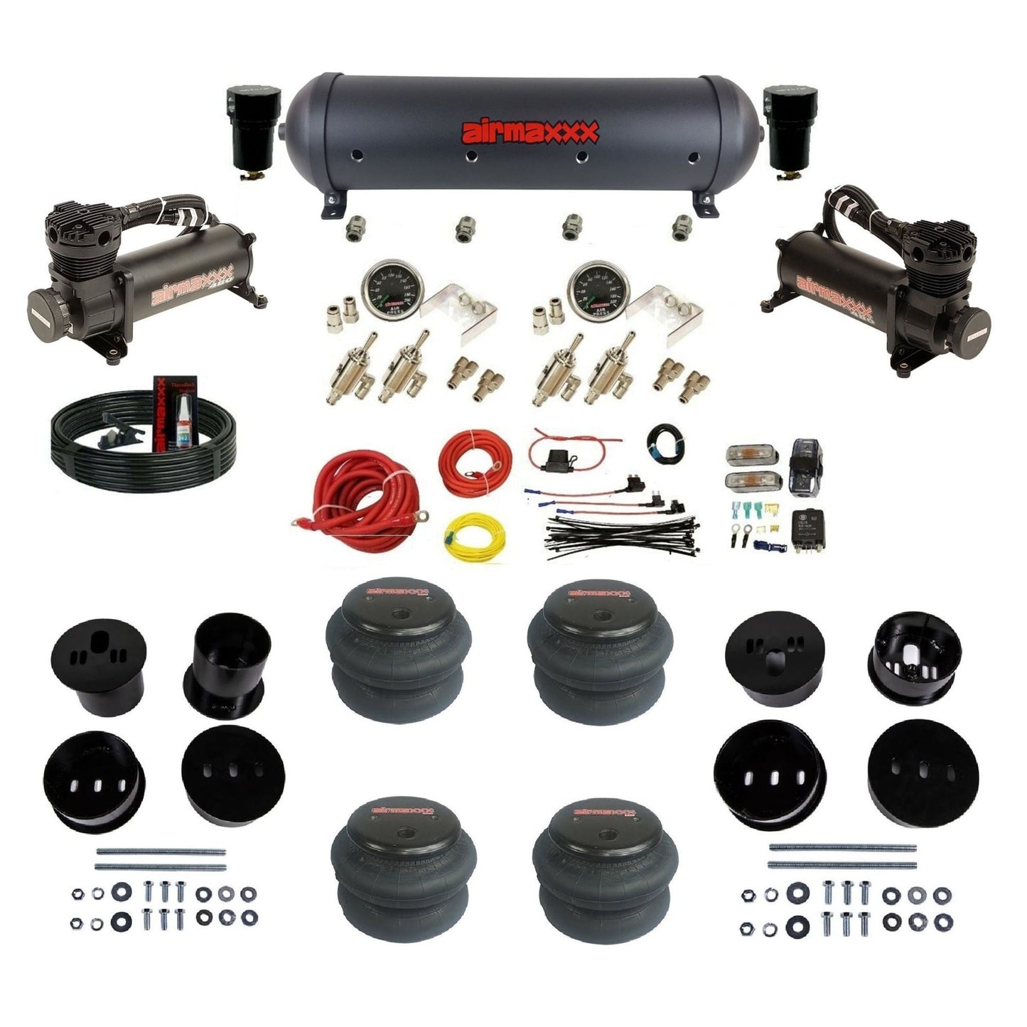 airmaxxx manual kit w/480 black air compressors black aluminum air tank & 2600 bags w/brackets for 1958-60 Cadi KCAD58-480B2-59ABK-4TOG2GA2B-WK-HF
