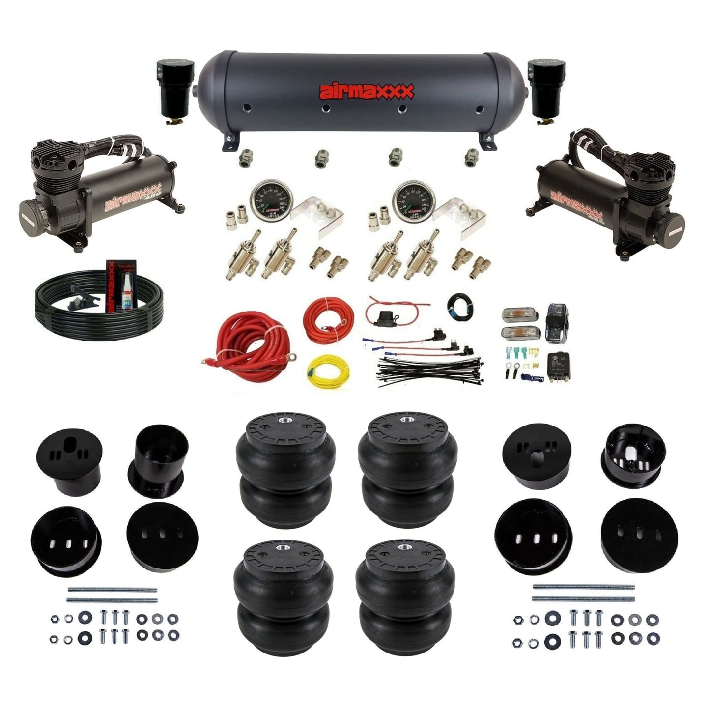 airmaxxx manual kit w/480 black air compressors black aluminum air tank & Slam bags w/brackets for 1958-60 Cadi KCAD58-480B2-59ABK-4TOG2GA2B-WK-HFSS7