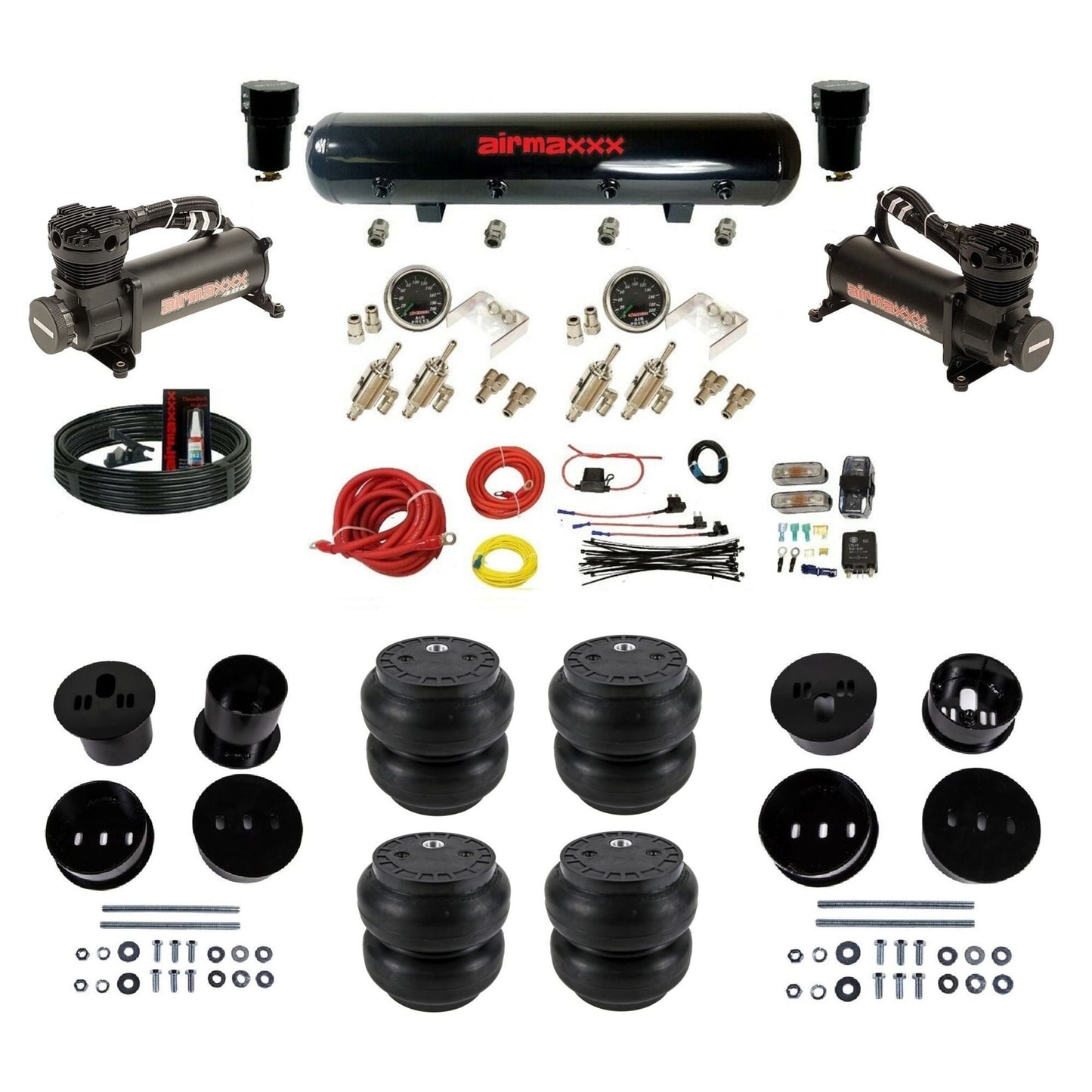 airmaxxx manual kit w/480 black air compressors black steel air tank & Slam bags w/brackets for 1958-60 Cadi KCAD58-480B2-59S-4TOG2GA2B-WK-HFSS7