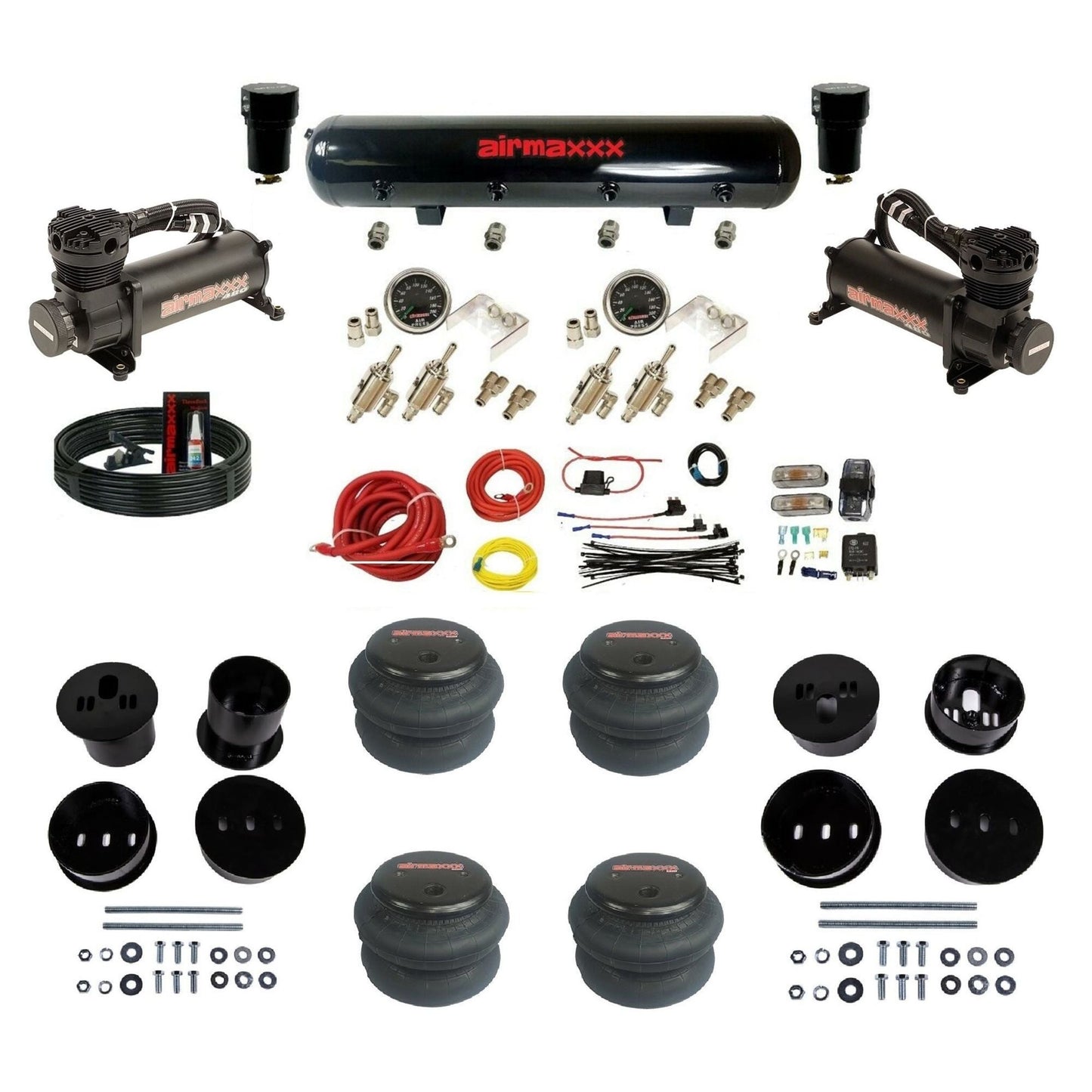 airmaxxx manual kit w/480 black air compressors steel air tank & 2600 bags w/brackets for 1958-60 Cadi KCAD58-480B2-59S-4TOG2GA2B-WK-HF
