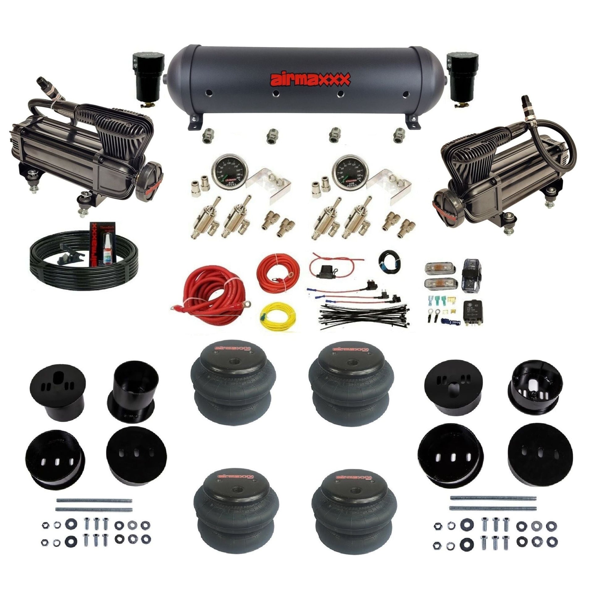 airmaxxx manual kit w/x-series air compressors black aluminum air tank & 2600 bags w/brackets for 1958-60 Cadi KCAD58-XB2-59ABK-4TOG2GA2B-WK-HF