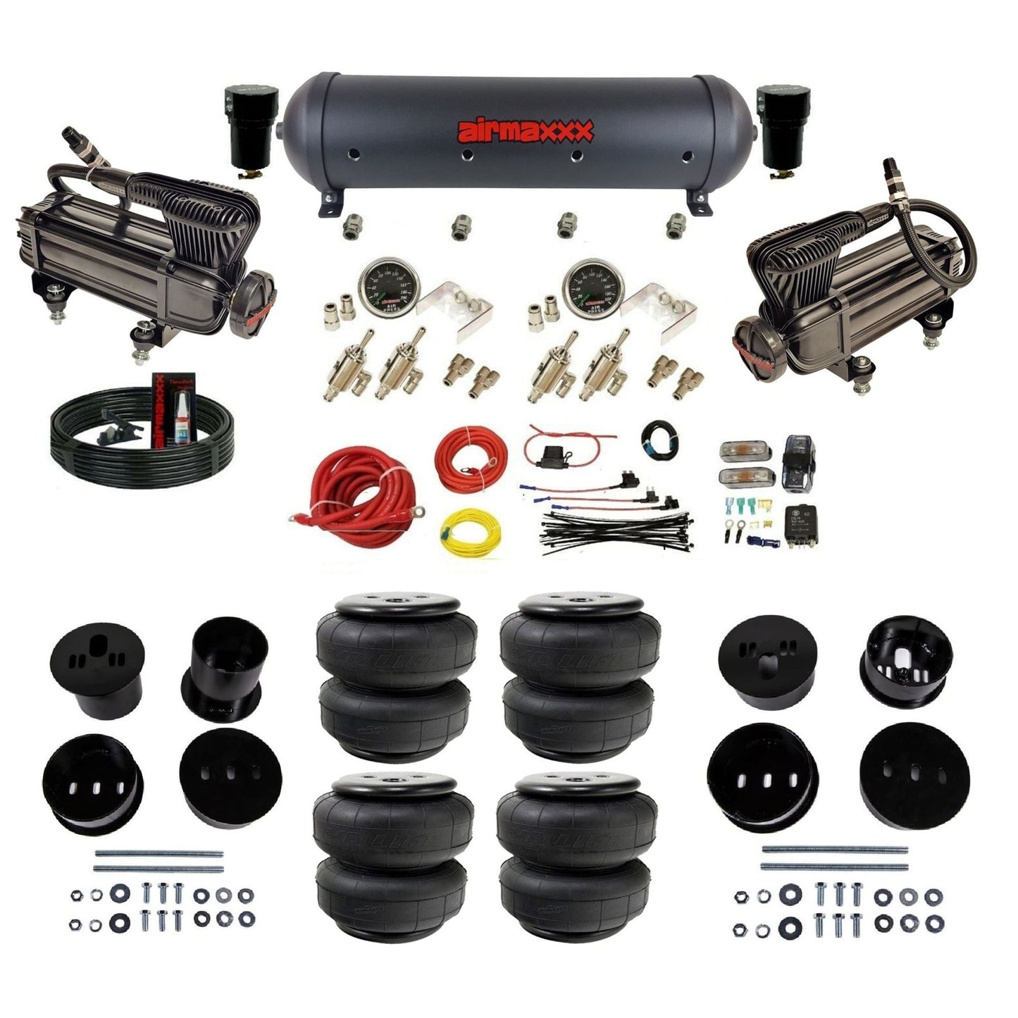 airmaxxx manual kit w/x-series air compressors black aluminum air tank & Air Lift bags w/brackets for 1958-60 Cadi KCAD58-XB2-59ABK-4TOG2GA2B-WK-HFD25