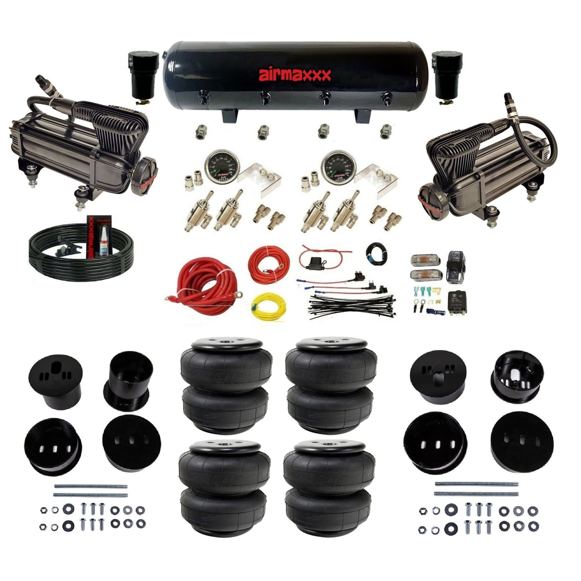 airmaxxx manual kit w/x-series air compressors black steel air tank & Air Lift bags w/brackets for 1958-60 Cadi KCAD58-XB2-59S-4TOG2GA2B-WK-HFD25