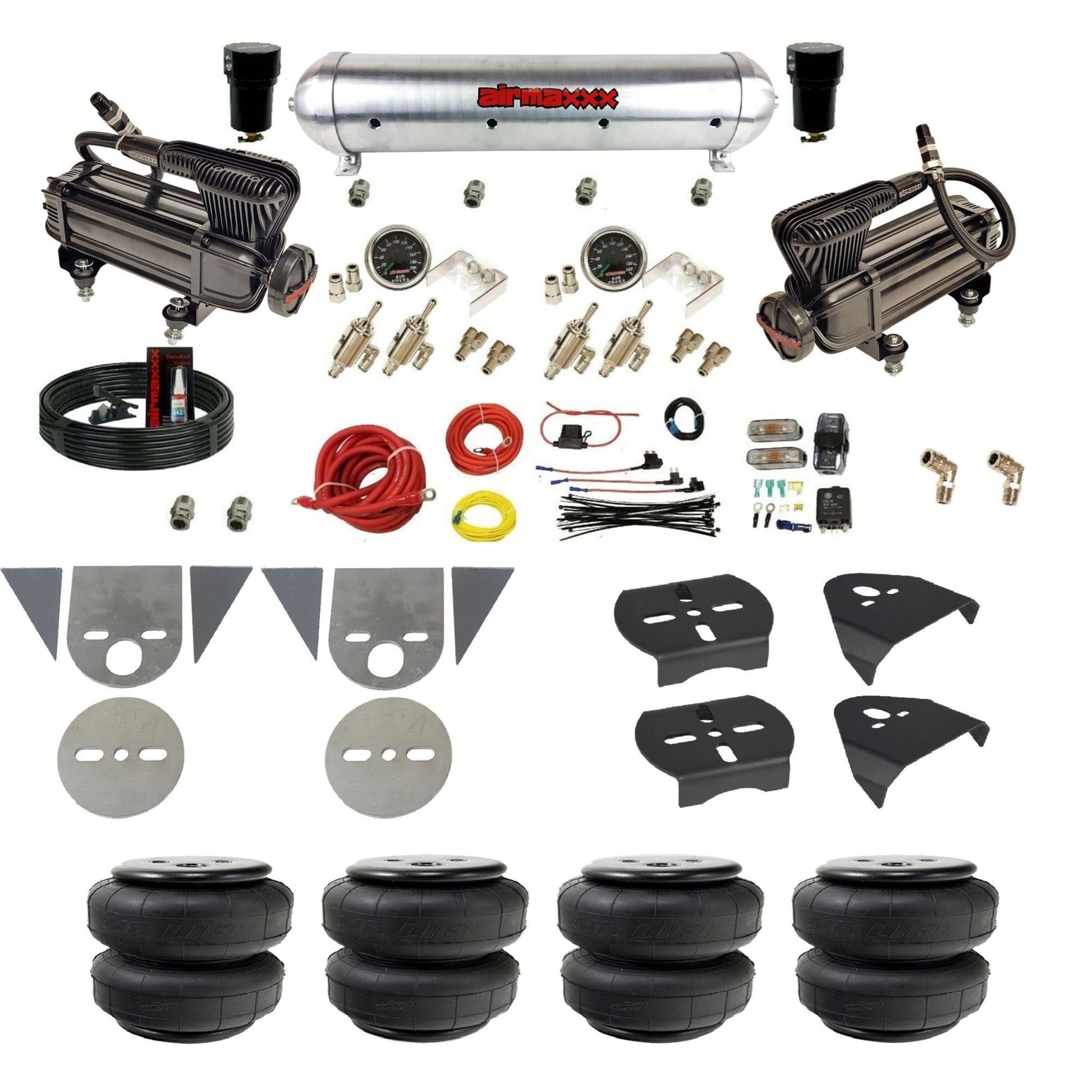airmaxxx mini truck kit x-series air compressor aluminum tank and Air Lift bags w/brackets KTOR-XB2-59ARW-4TOG2GA2B-WK-HFD25