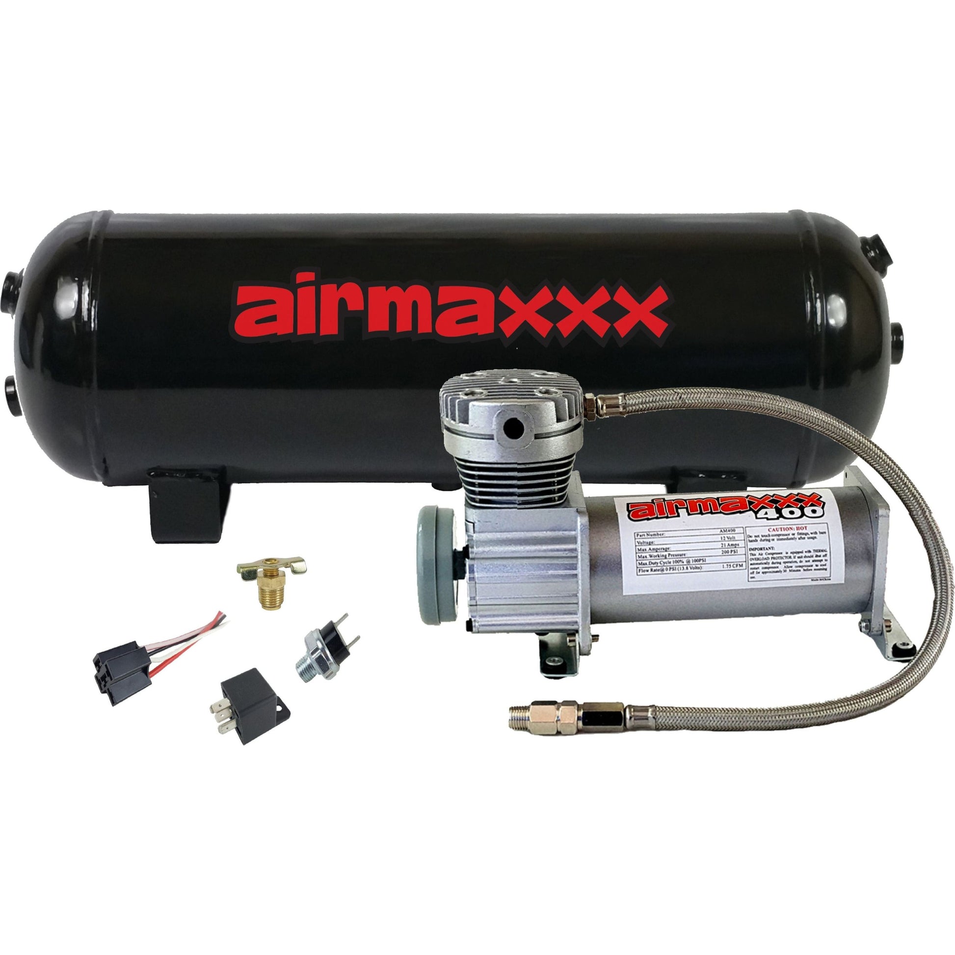 airmaxxx pewter 400 air compressor with a 3 gallon steel air tank, accompanied relay and tank pressure switch