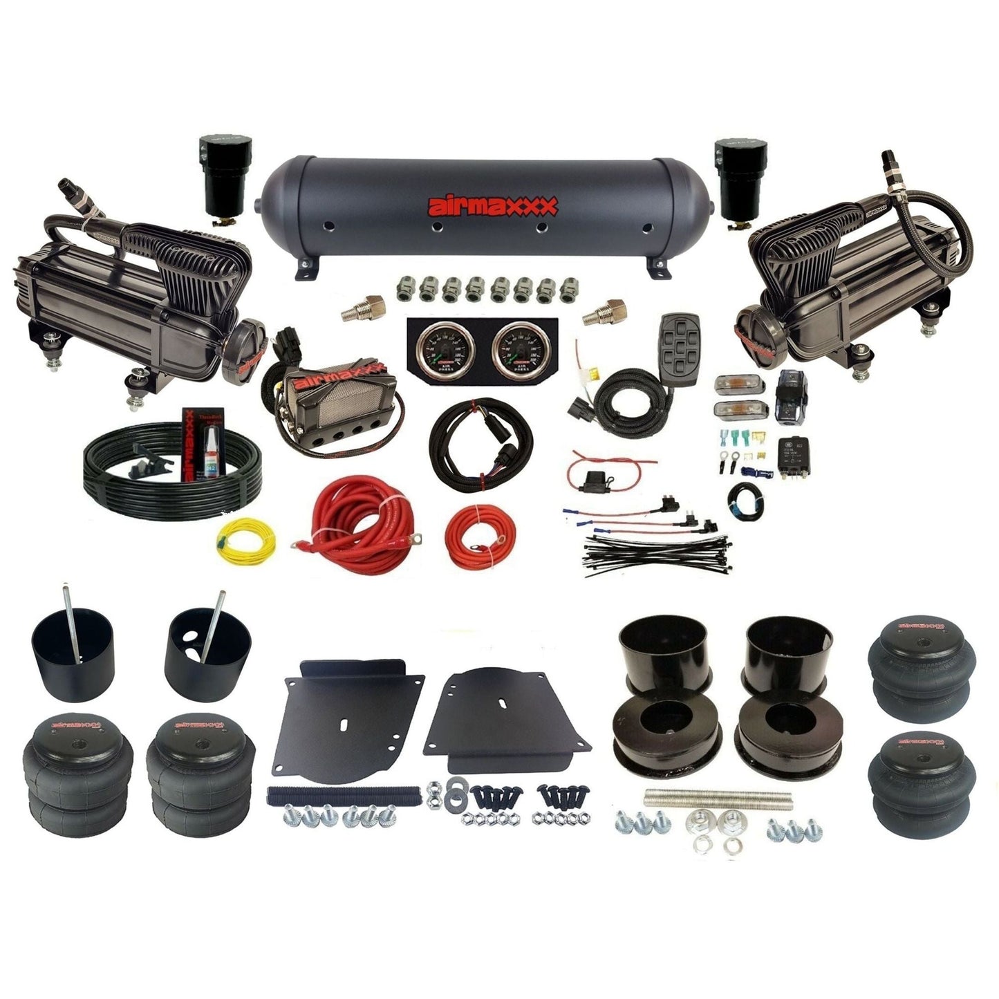 airmaxxx plug n play 3/8" air suspension kit X-series compressors black aluminum tank & 2600 bags for 1964-72 A-Body KABDY-XB2-57ABK-X4X7-WK-HF