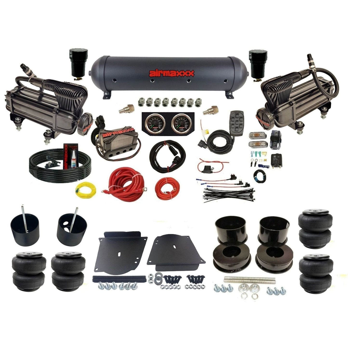 airmaxxx plug n play 3/8" air suspension kit X-series compressors black aluminum tank & Air Lift bags for 1964-72 A-Body KABDY-XB2-57ABK-X4X7-WK-HFD25