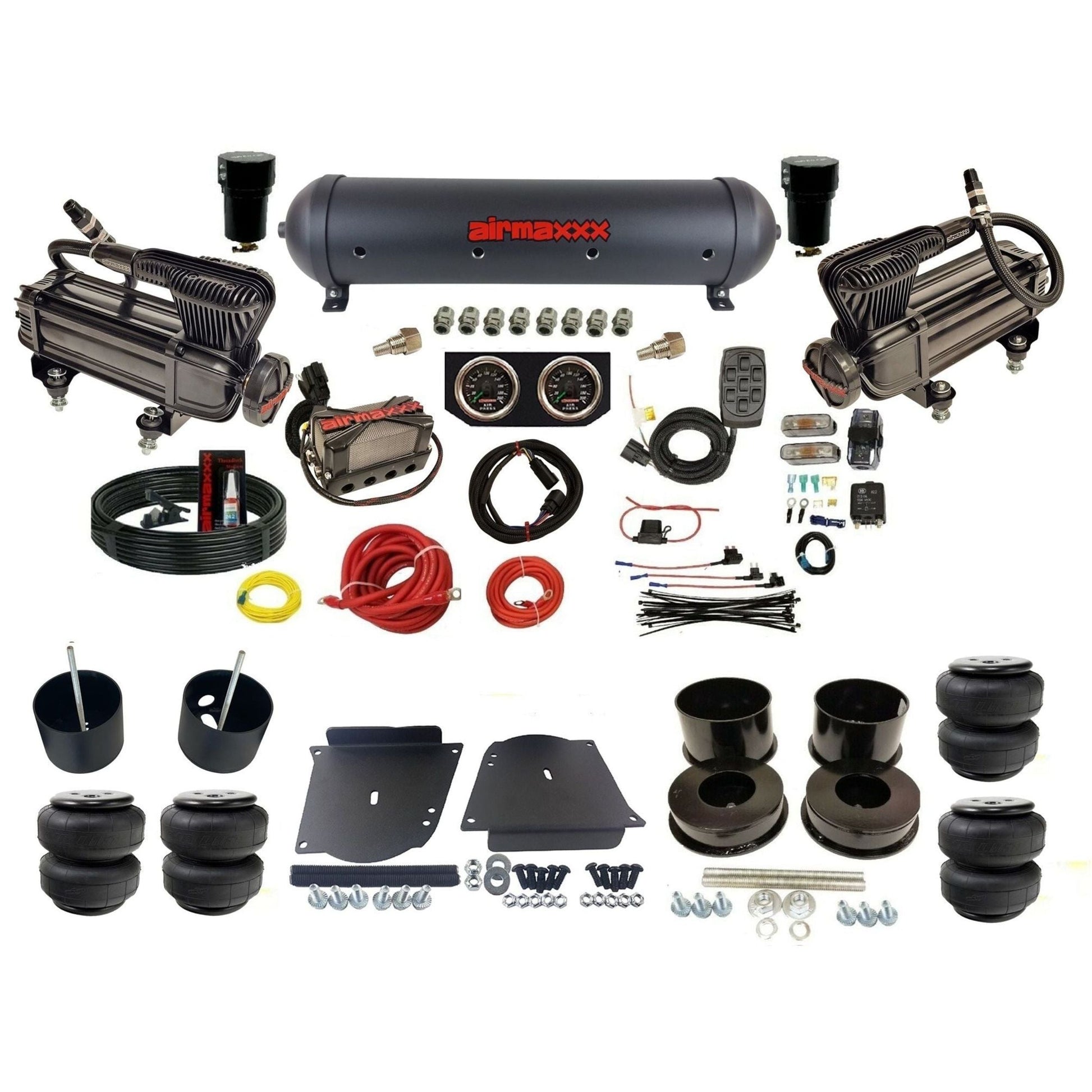 airmaxxx plug n play 3/8" air suspension kit X-series compressors black aluminum tank & Air Lift bags for 1964-72 A-Body KABDY-XB2-57ABK-X4X7-WK-HFD25
