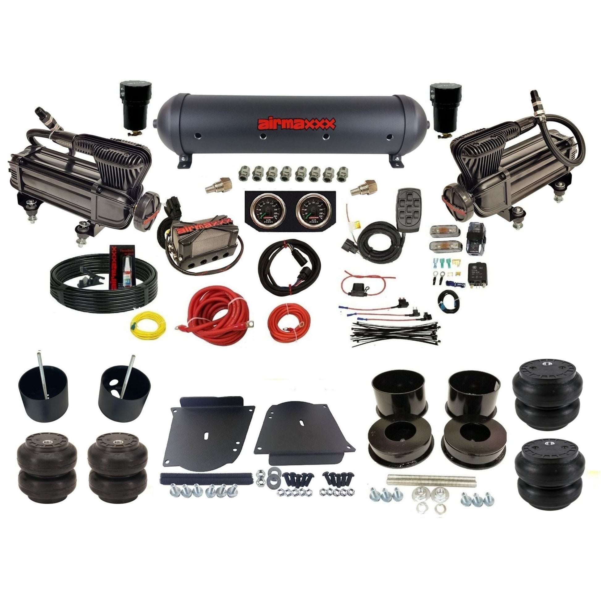 airmaxxx plug n play 3/8" air suspension kit X-series compressors black aluminum tank & Slam bags for 1964-72 A-Body KABDY-XB2-57ABK-X4X7-WK-HFSS7