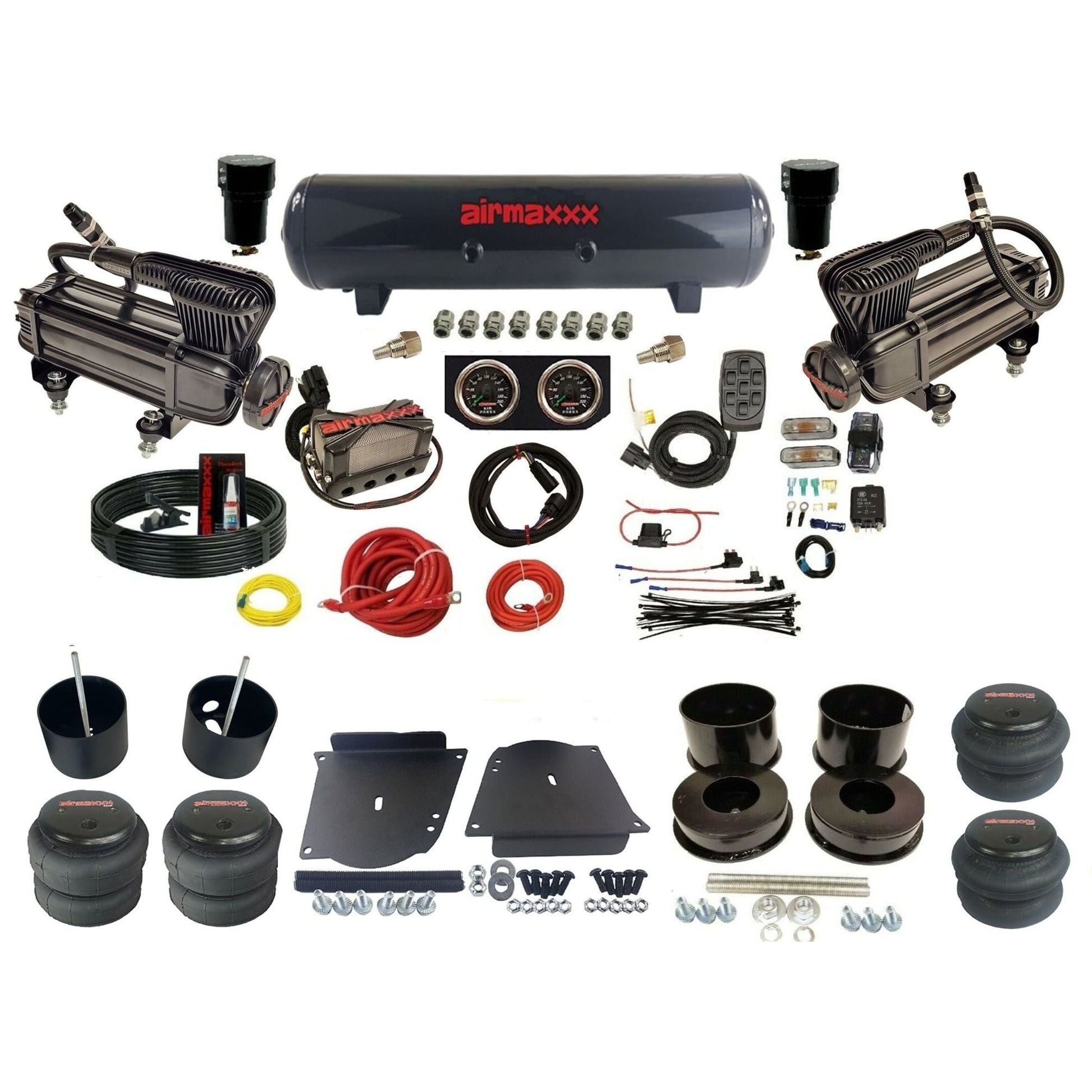 airmaxxx plug n play 3/8" air suspension kit X-series compressors steel tank & 2600 bags for 1964-72 A-Body KABDY-XB2-57S-X4X7-WK-HF
