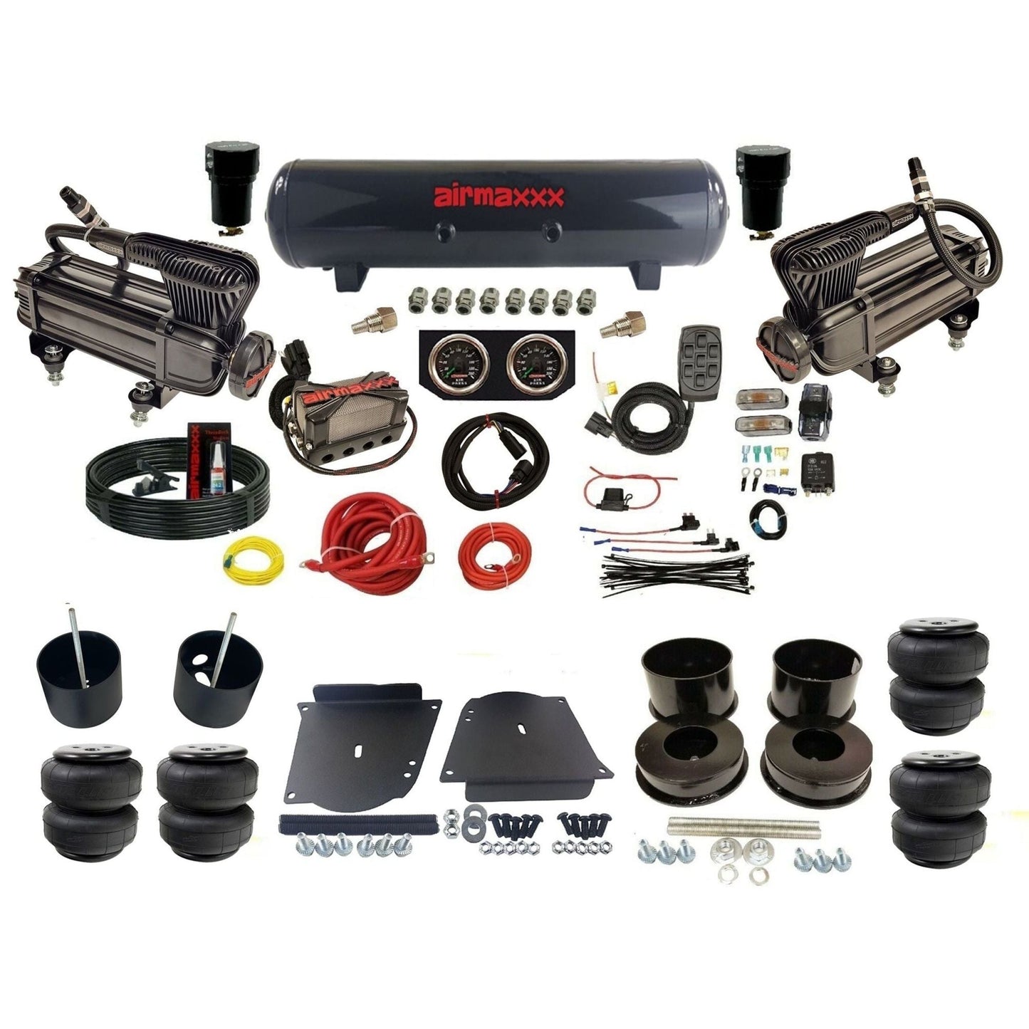 airmaxxx plug n play 3/8" air suspension kit X-series compressors steel tank & Air Lift bags for 1964-72 A-Body KABDY-XB2-57S-X4X7-WK-HFD25