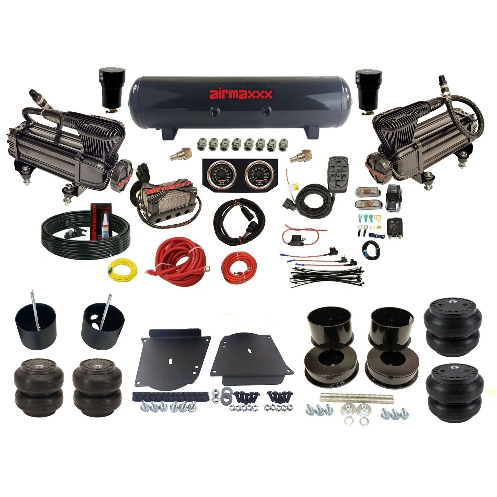 airmaxxx plug n play 3/8" air suspension kit X-series compressors steel tank & Slam bags for 1964-72 A-Body KABDY-XB2-57S-X4X7-WK-HFSS7