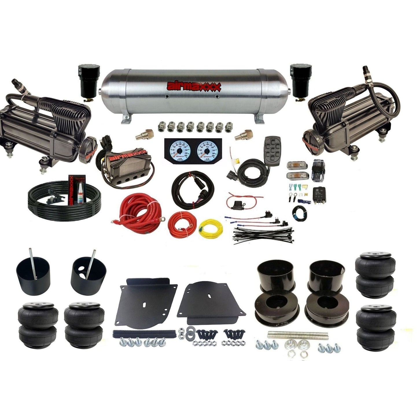 airmaxxx plug n play 3/8" air suspension kit X-series raw aluminum tank & Air Lift bags fits 1964-72 A-Body KABDY-XB2-57ARW-X4X7-WK-HFD25