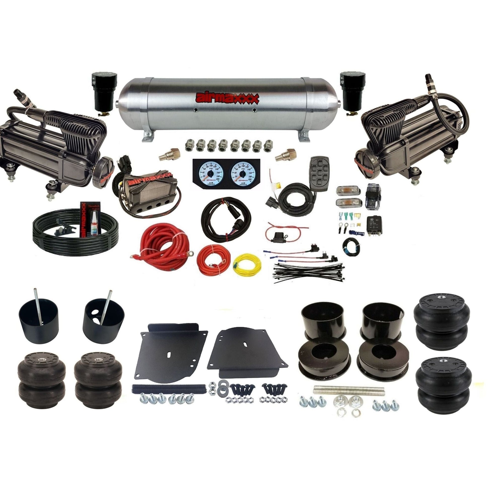 airmaxxx plug n play 3/8" air suspension kit X-series raw aluminum tank & Slam bags fits 1964-72 A-Body KABDY-XB2-57ARW-X4X7-WK-HFSS6SS7