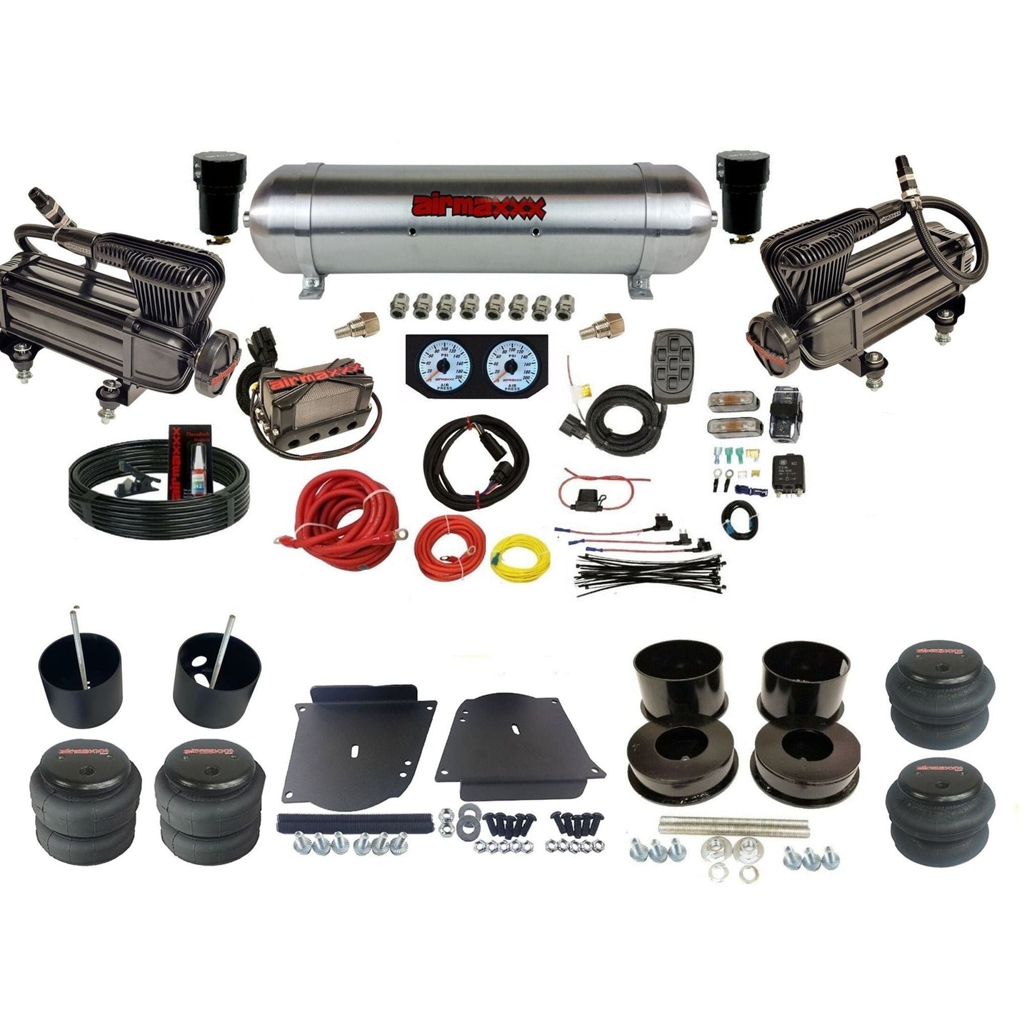 airmaxxx plug n play 3/8" air suspension kit X-series raw aluminum tank & bags fits 1964-72 A-Body KABDY-XB2-57ARW-X4X7-WK-HF