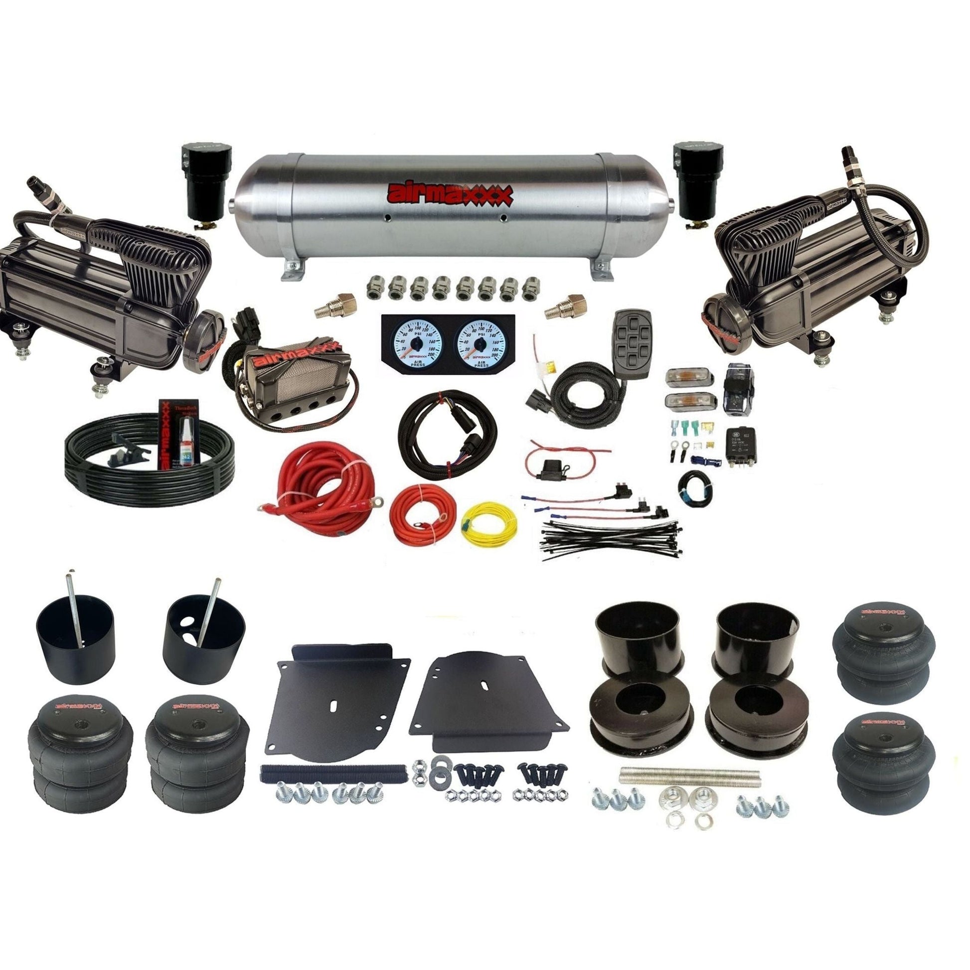 airmaxxx plug n play 3/8" air suspension kit X-series raw aluminum tank & bags fits 1964-72 A-Body KABDY-XB2-57ARW-X4X7-WK-HF