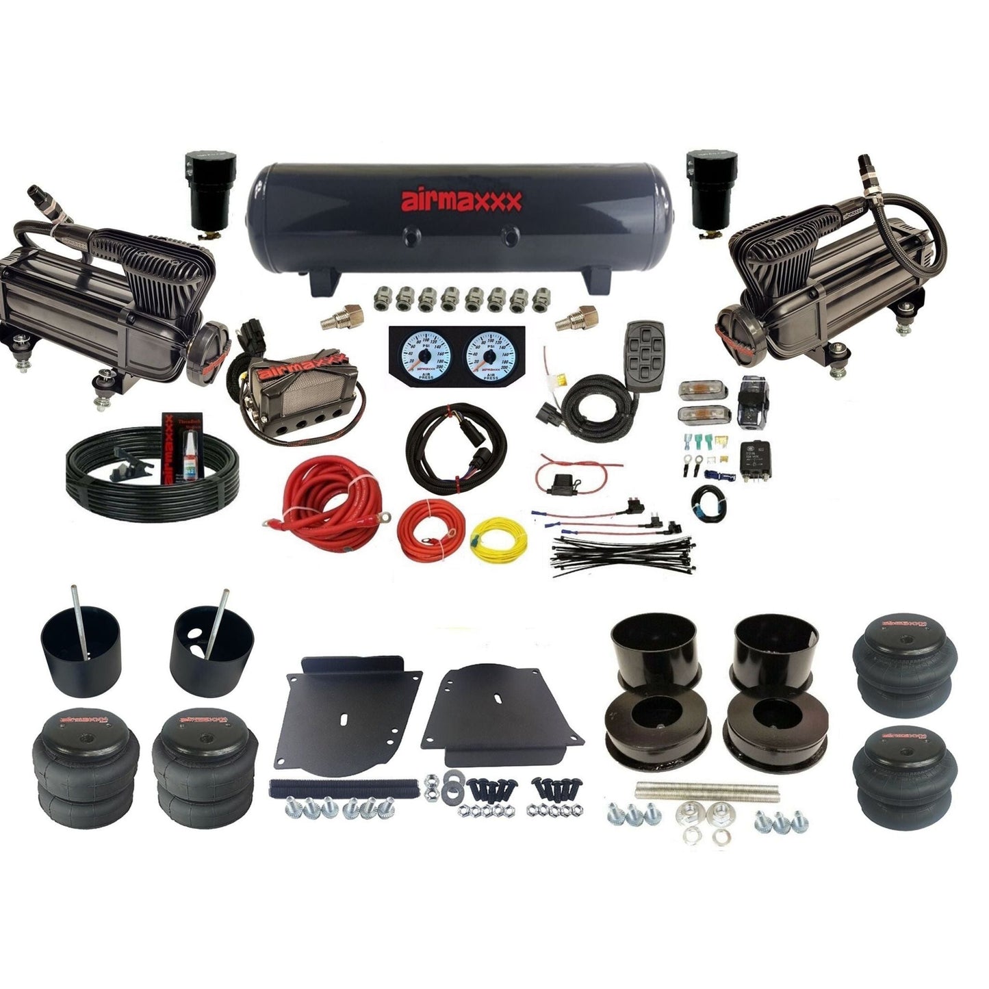 airmaxxx plug n play 3/8" air suspension kit X-series steel tank &  bags fits 1964-72 A-Body KABDY-XB2-57S-X4X7-WK-HF