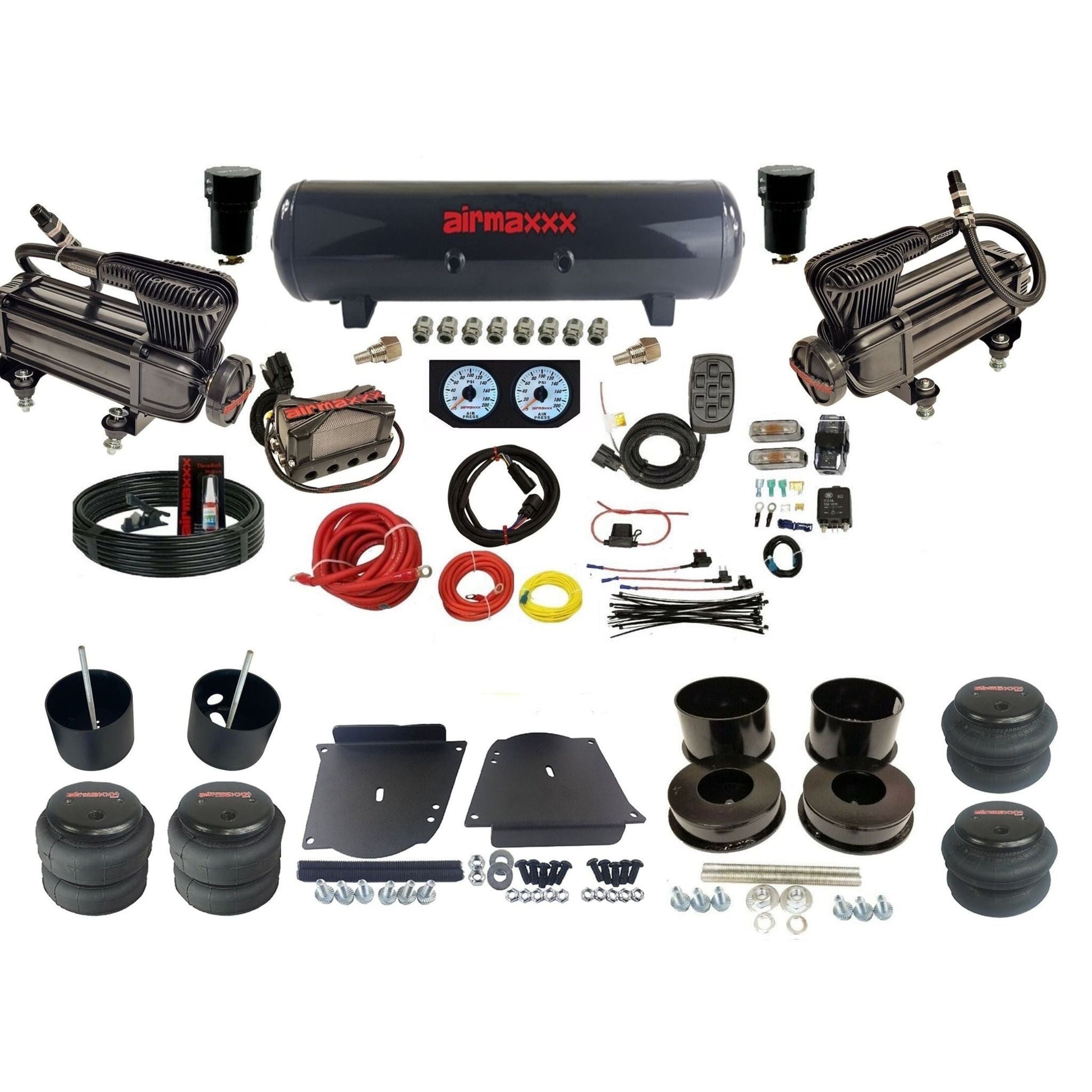 airmaxxx plug n play 3/8" air suspension kit X-series steel tank &  bags fits 1964-72 A-Body KABDY-XB2-57S-X4X7-WK-HF