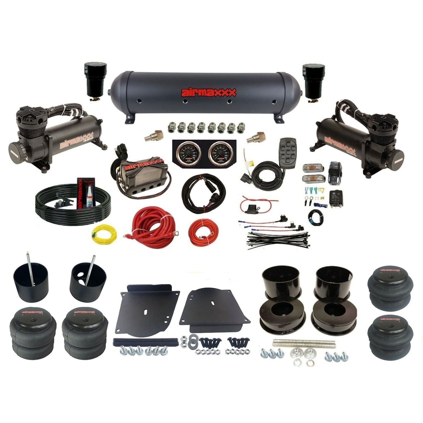 airmaxxx plug n play 3/8" air suspension kit black 480 compressors black aluminum tank & 2600 bags for 1964-72 A-Body KABDY-480B2-57ABK-X4X7-WK-HF