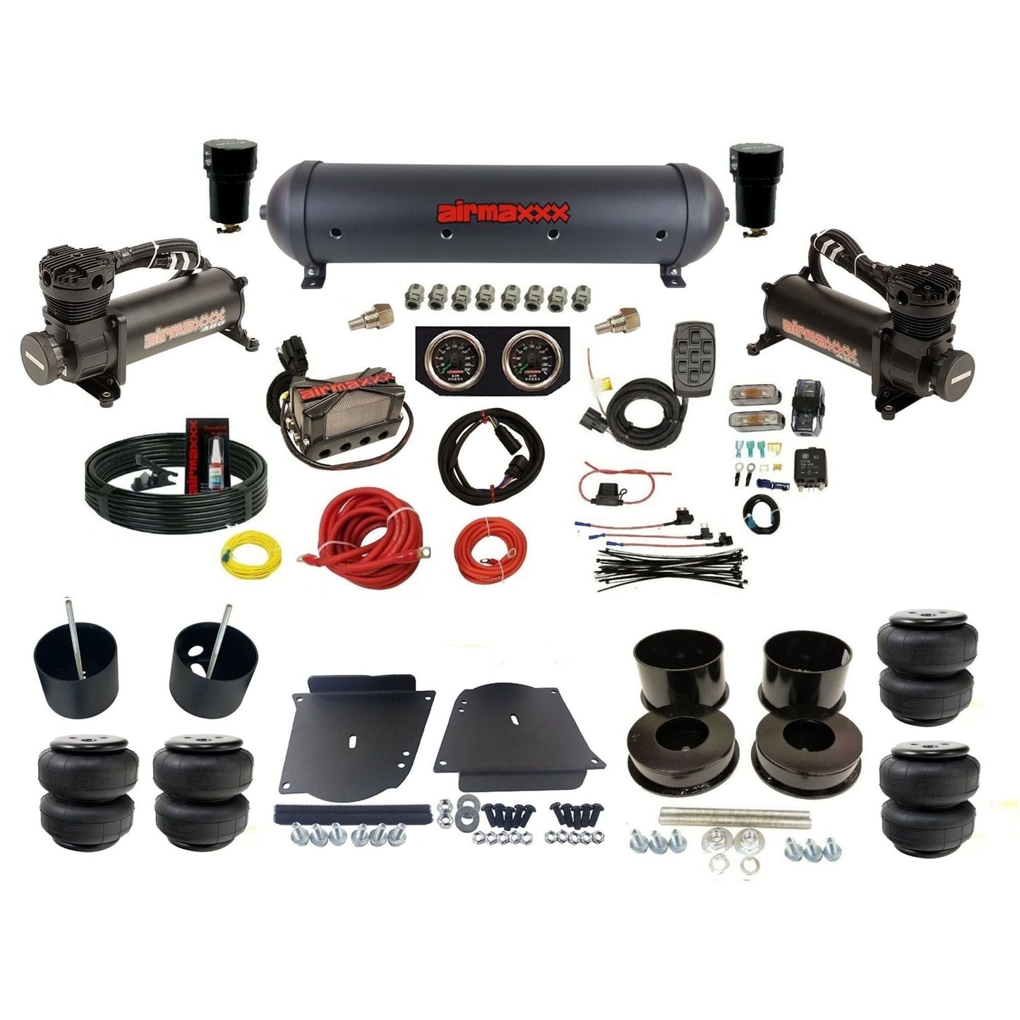 airmaxxx plug n play 3/8" air suspension kit black 480 compressors black aluminum tank & Air Lift bags for 1964-72 A-Body KABDY-480B2-57ABK-X4X7-WK-HFD25
