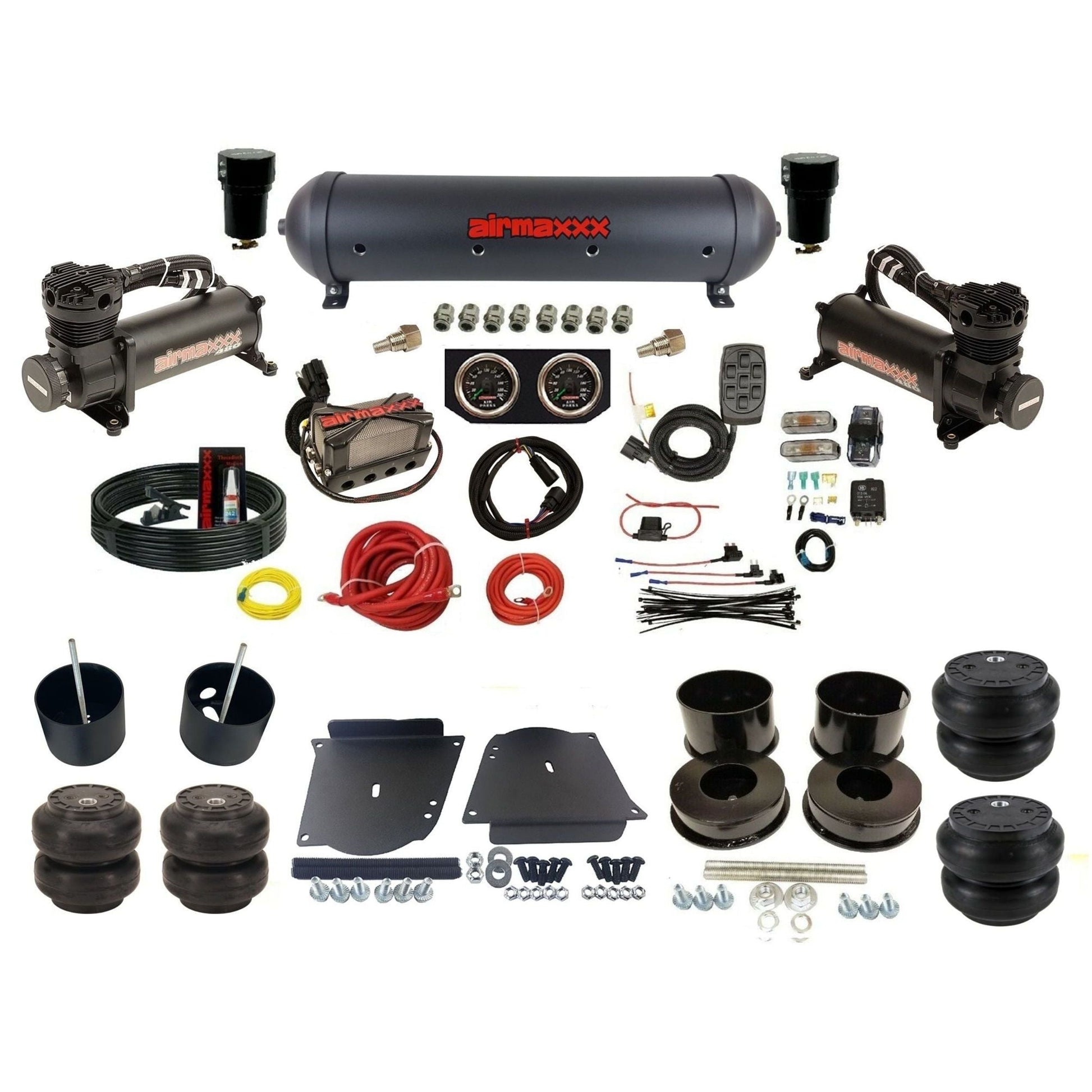 airmaxxx plug n play 3/8" air suspension kit black 480 compressors black aluminum tank & Slam bags for 1964-72 A-Body KABDY-480B2-57ABK-X4X7-WK-HFSS6SS7