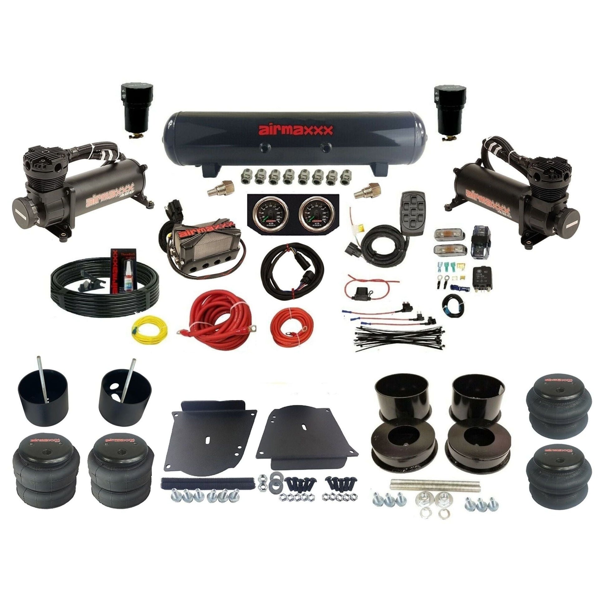 airmaxxx plug n play 3/8" air suspension kit black 480 compressors steel tank & 2600 bags for 1964-72 A-Body KABDY-480B2-57S-X4X7-WK-HF