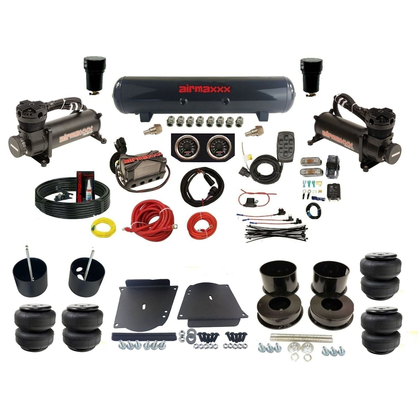 airmaxxx plug n play 3/8" air suspension kit black 480 compressors steel tank & Air Lift bags for 1964-72 A-Body KABDY-480B2-57S-X4X7-WK-HFD25
