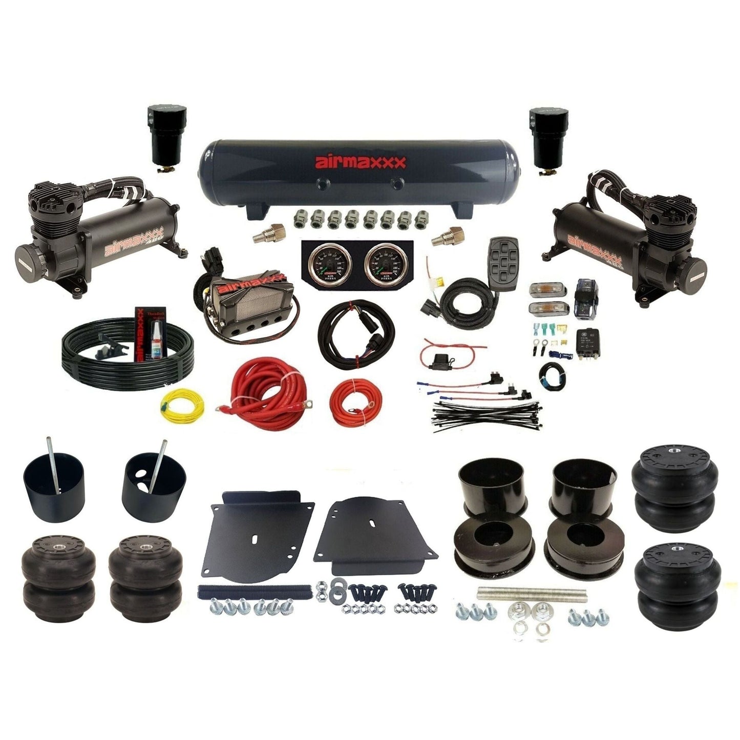 airmaxxx plug n play 3/8" air suspension kit black 480 compressors steel tank & Slam bags for 1964-72 A-Body KABDY-480B2-57S-X4X7-WK-HFSS6SS7