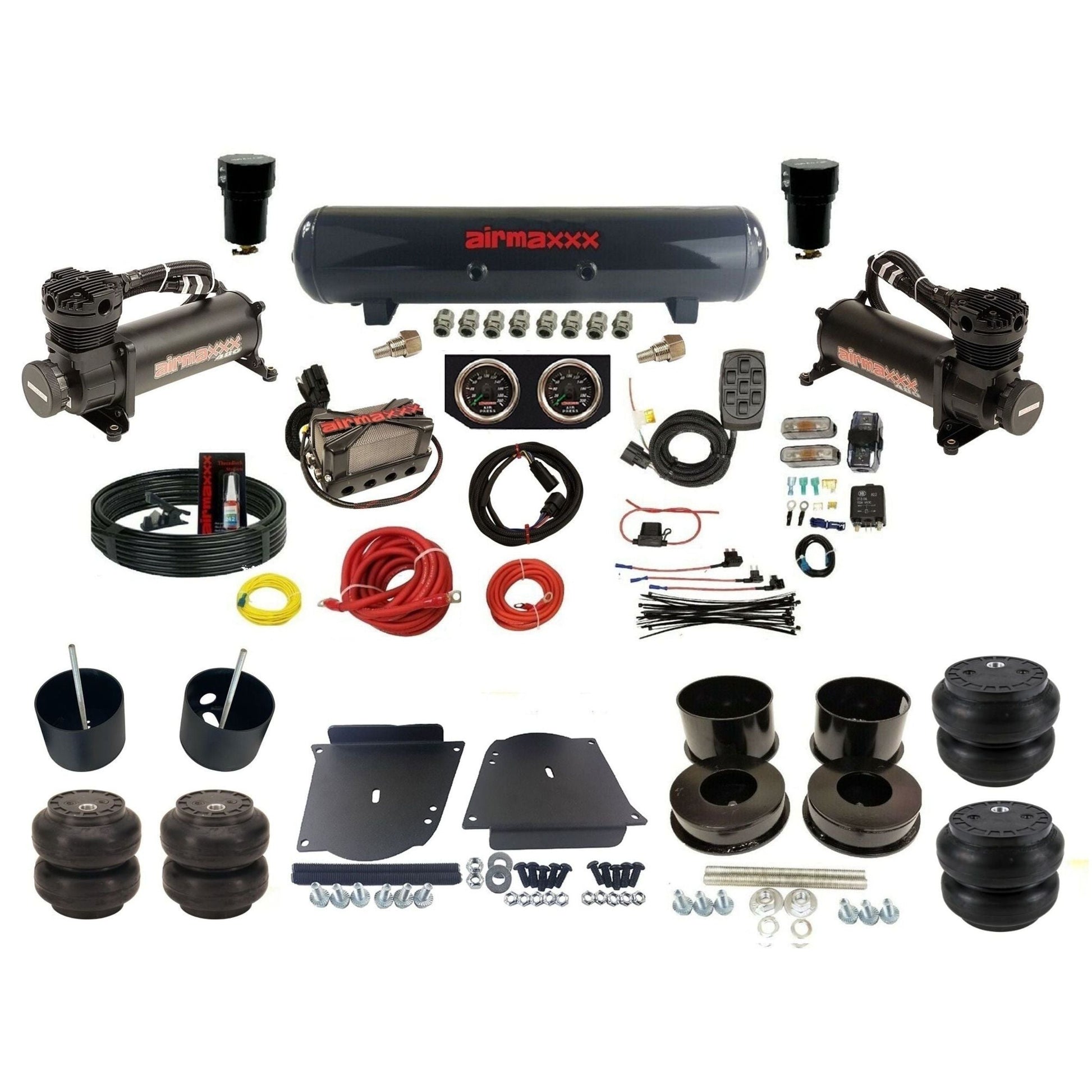 airmaxxx plug n play 3/8" air suspension kit black 480 compressors steel tank & Slam bags for 1964-72 A-Body KABDY-480B2-57S-X4X7-WK-HFSS6SS7