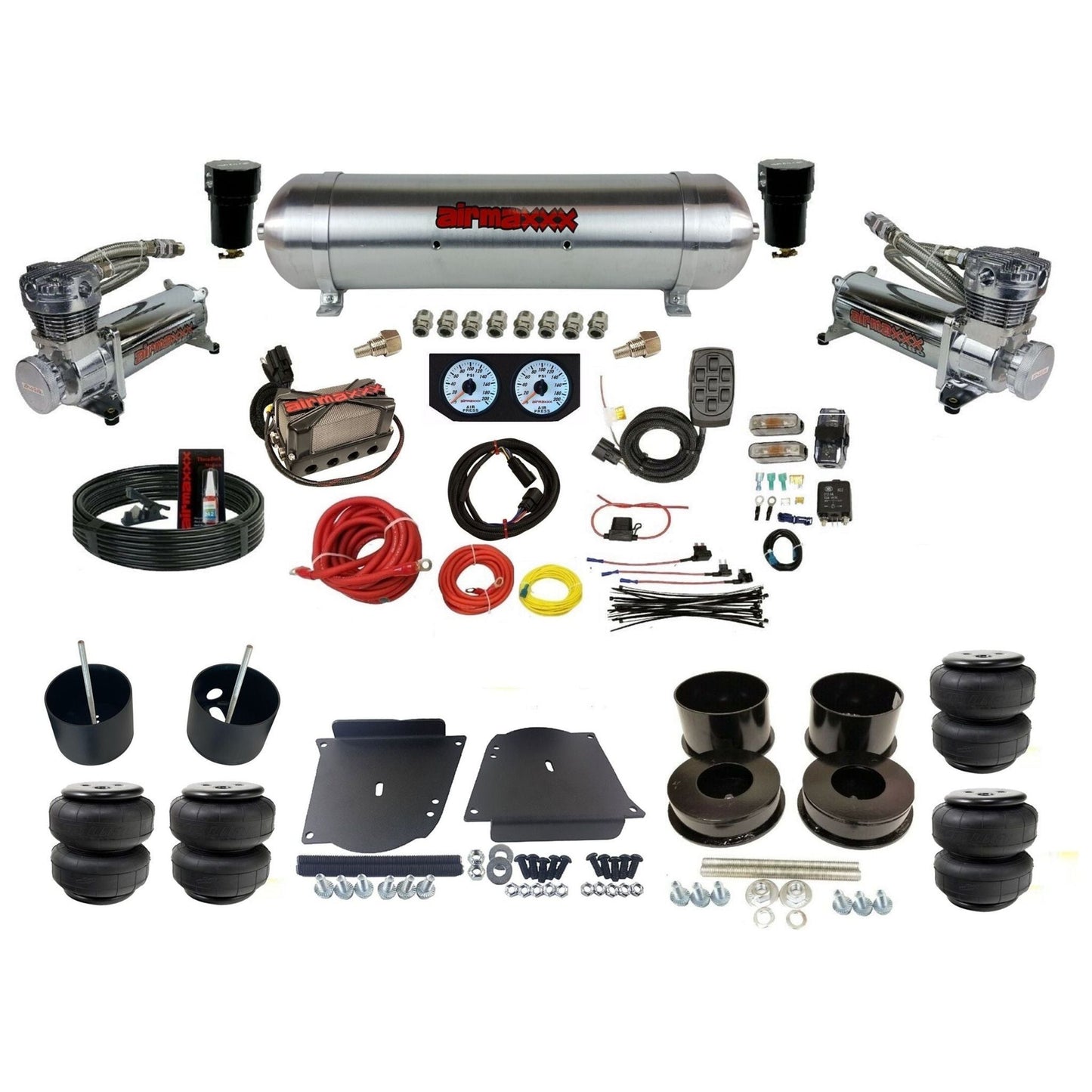 airmaxxx plug n play 3/8" air suspension kit chrome 480 raw aluminum tank & Air Lift bags fits 1964-72 A-Body KABDY-480C2-57ARW-X4X7-WK-HFD25
