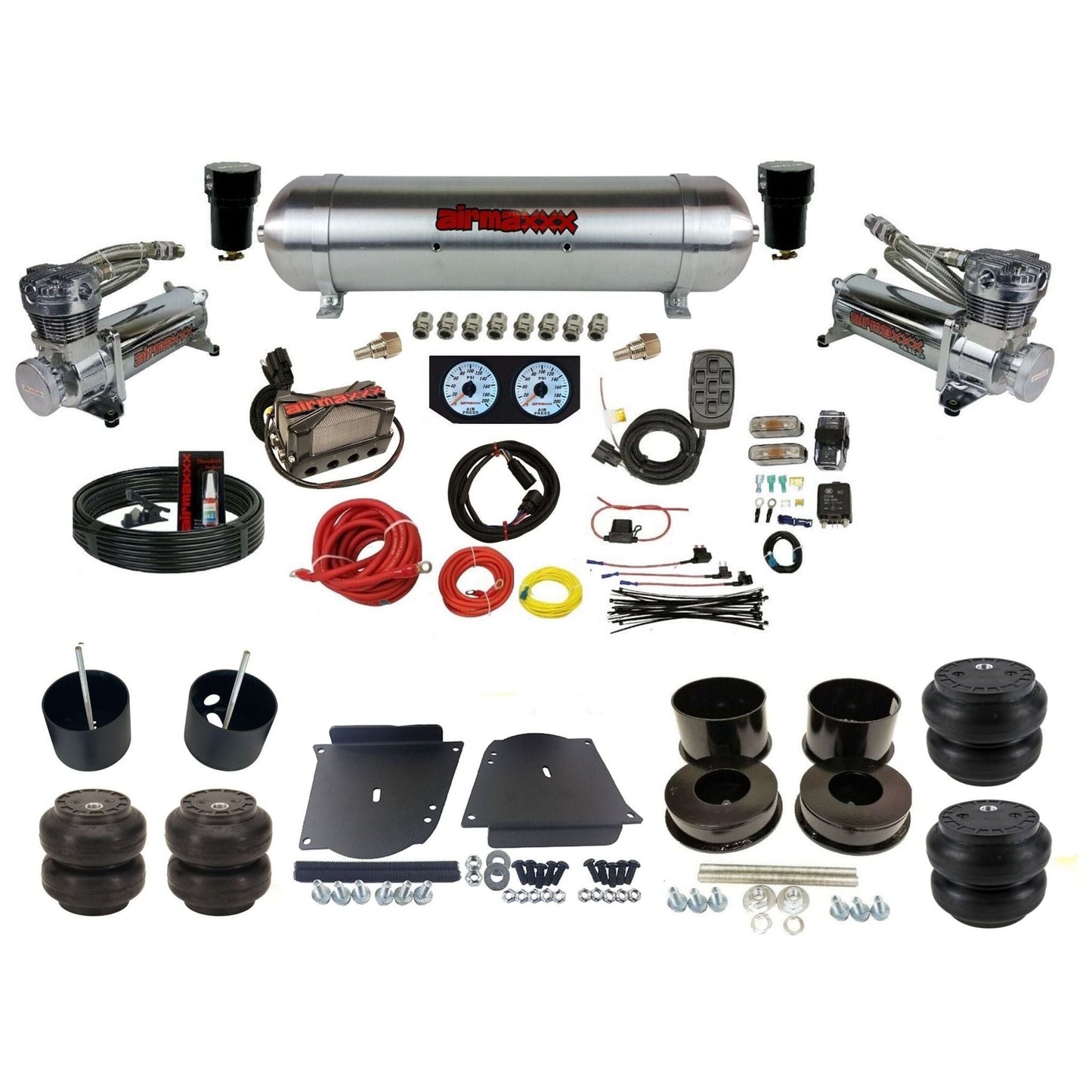 airmaxxx plug n play 3/8" air suspension kit chrome 480 raw aluminum tank & Slam bags fits 1964-72 A-Body KABDY-480C2-57ARW-X4X7-WK-HFSS6SS7