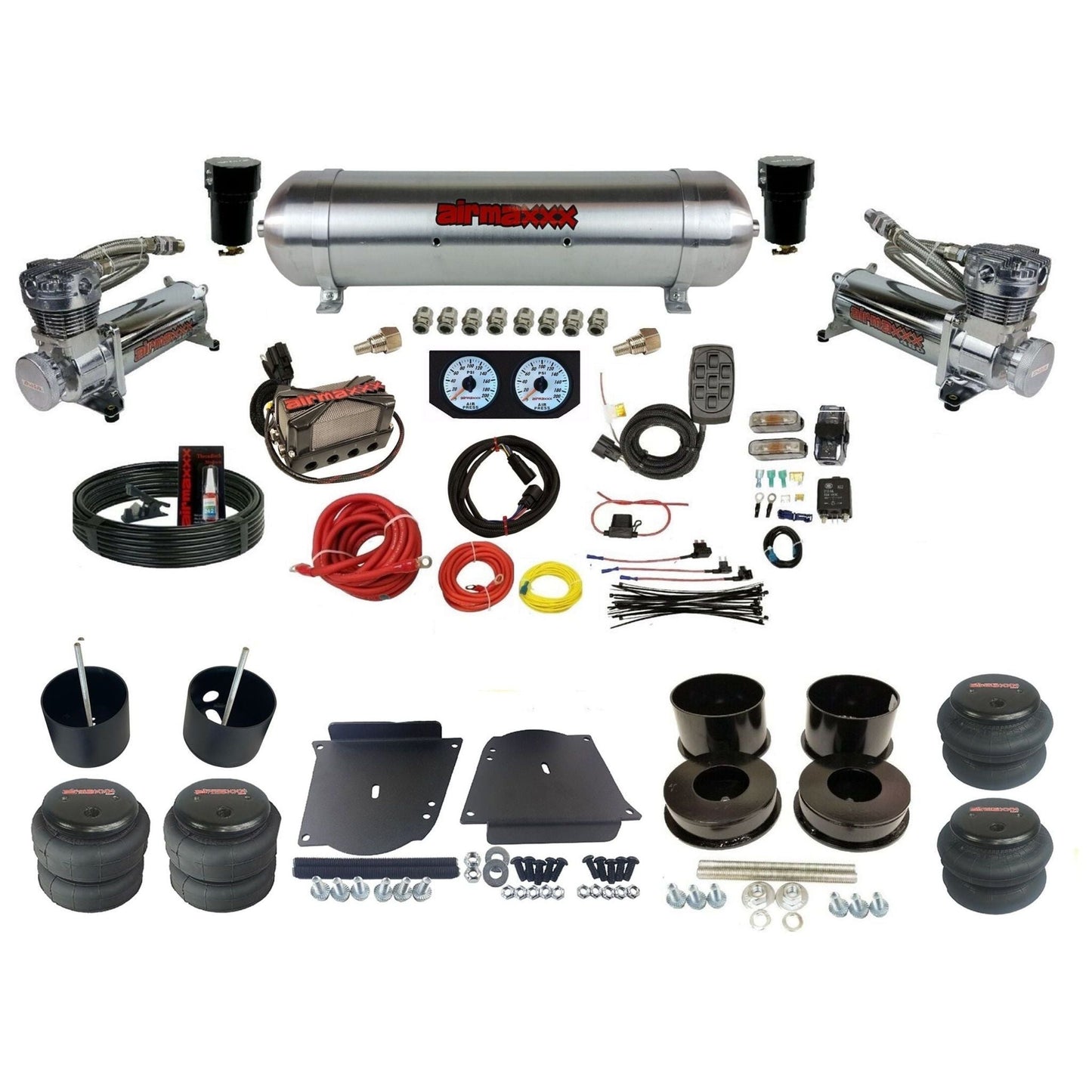 airmaxxx plug n play 3/8" air suspension kit chrome 480 raw aluminum tank & bags fits 1964-72 A-Body KABDY-480C2-57ARW-X4X7-WK-HF