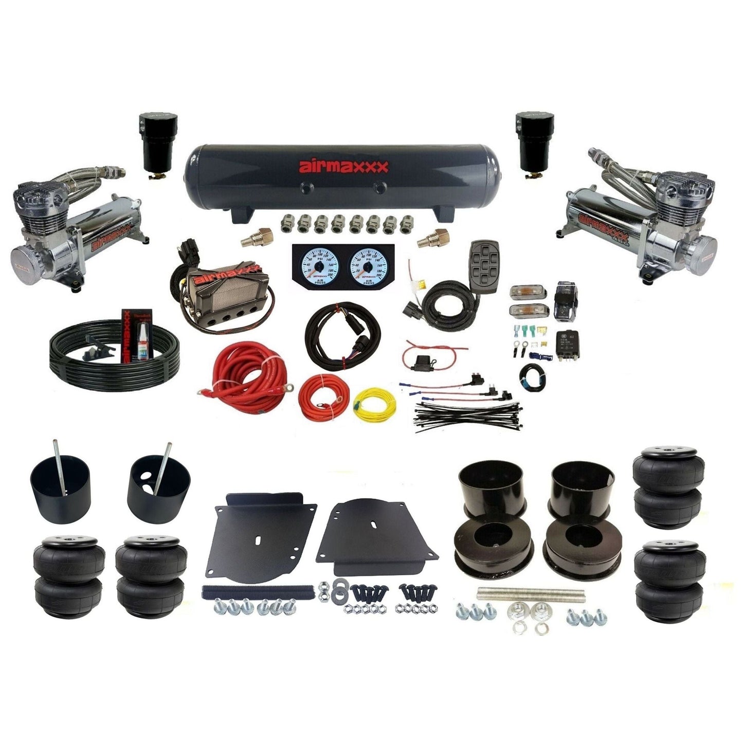 airmaxxx plug n play 3/8" air suspension kit chrome 480 steel tank & Air Lift bags fits 1964-72 A-Body KABDY-480C2-57S-X4X7-WK-HFD25