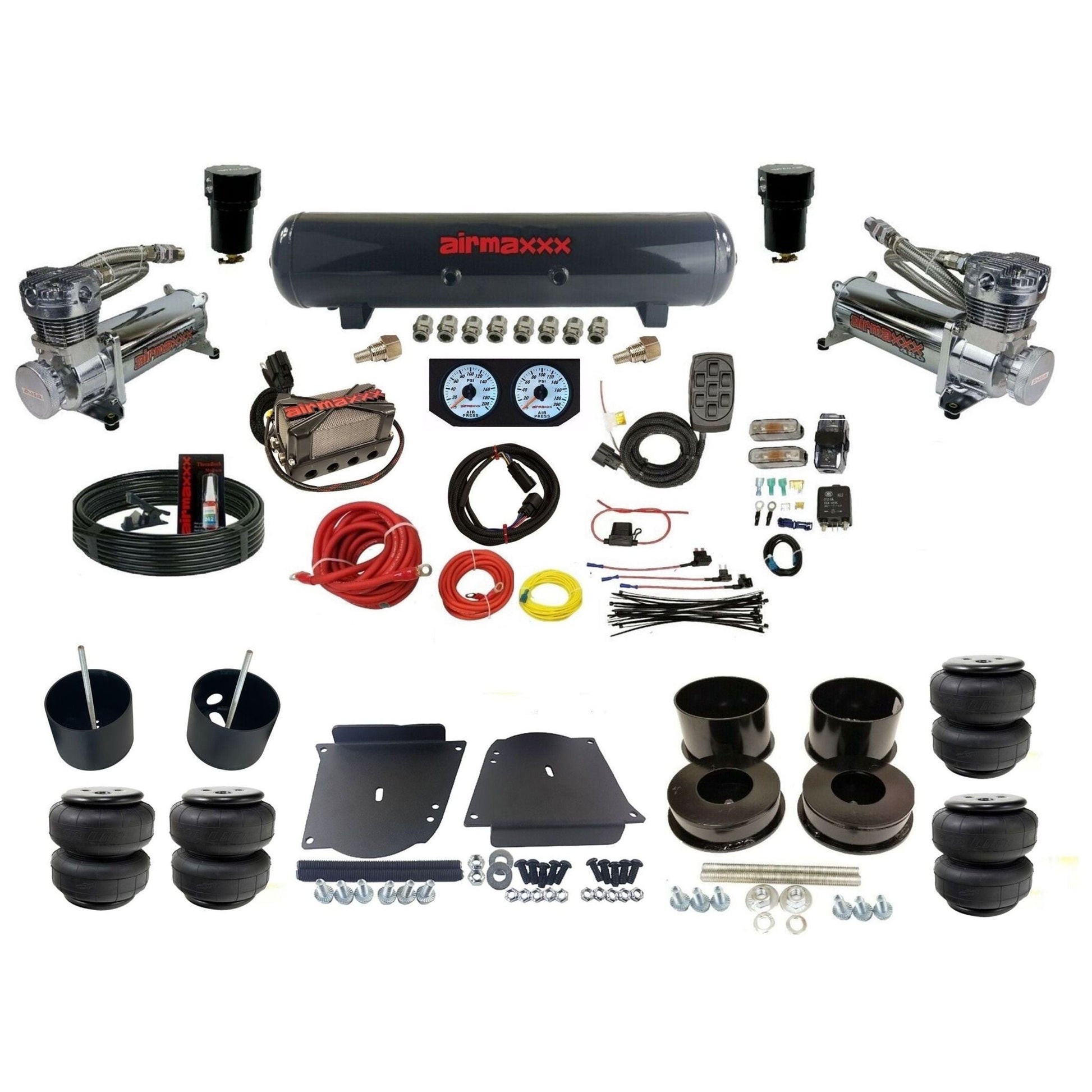 airmaxxx plug n play 3/8" air suspension kit chrome 480 steel tank & Air Lift bags fits 1964-72 A-Body KABDY-480C2-57S-X4X7-WK-HFD25