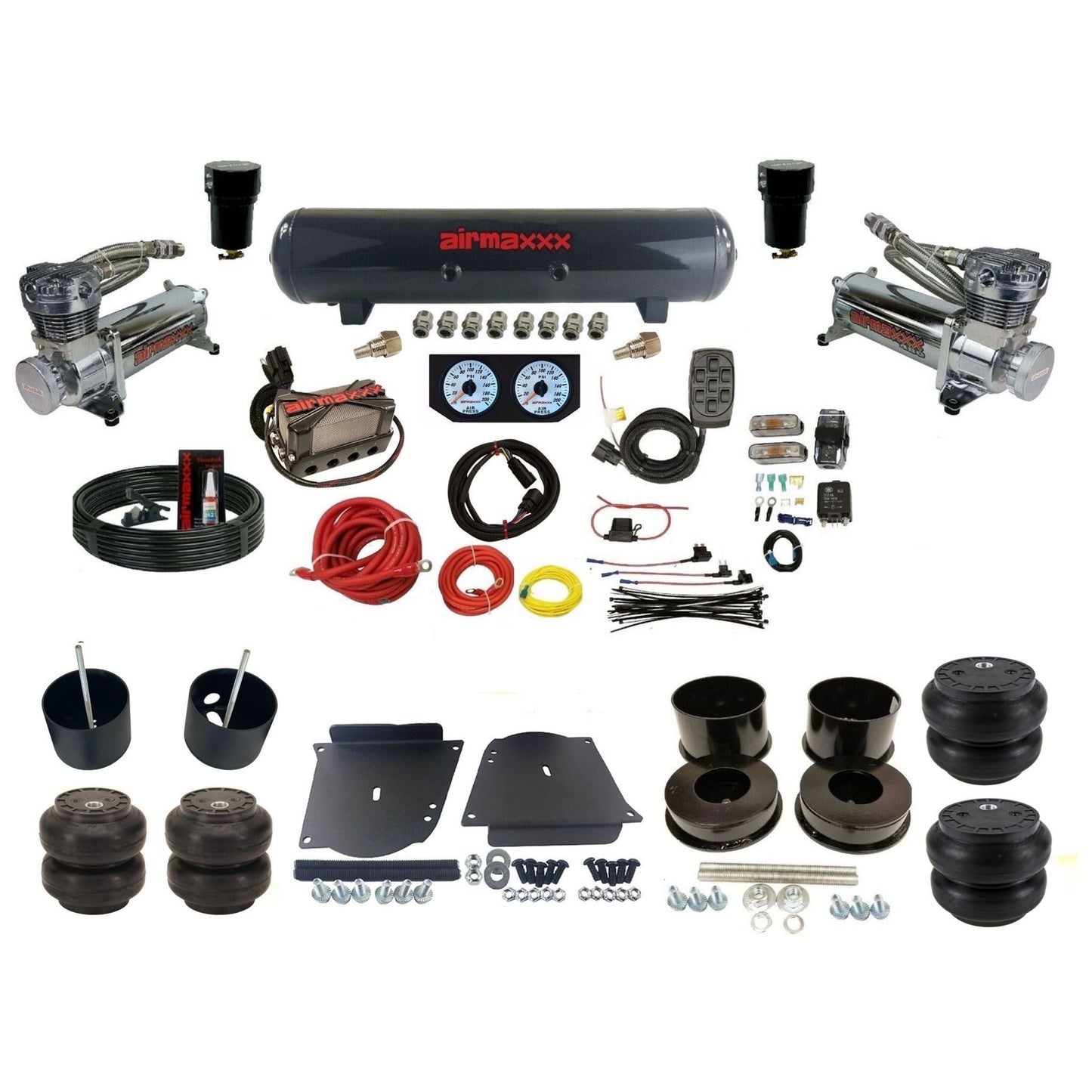 airmaxxx plug n play 3/8" air suspension kit chrome 480 steel tank & Slam bags fits 1964-72 A-Body KABDY-480C2-57S-X4X7-WK-HFSS6SS7