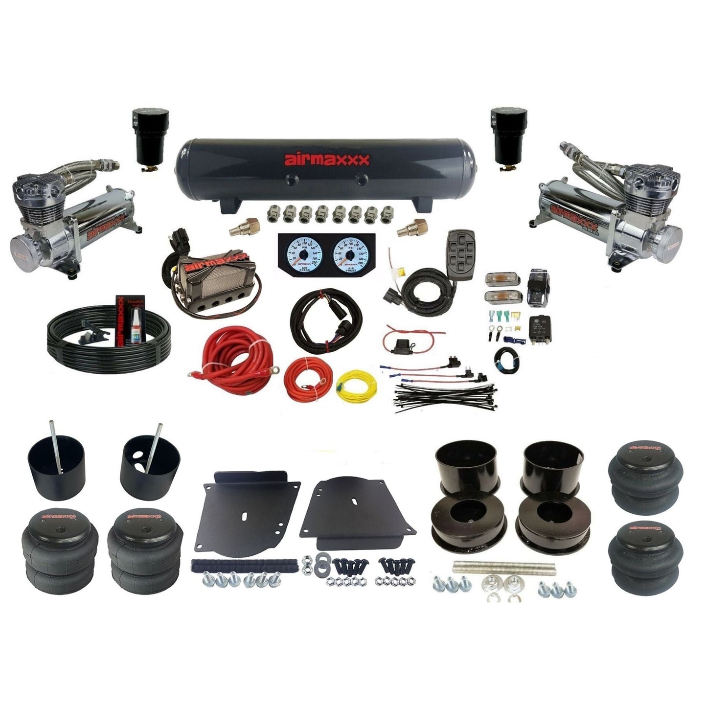 airmaxxx plug n play 3/8" air suspension kit chrome 480 steel tank & bags fits 1964-72 A-Body KABDY-480C2-57S-X4X7-WK-HF