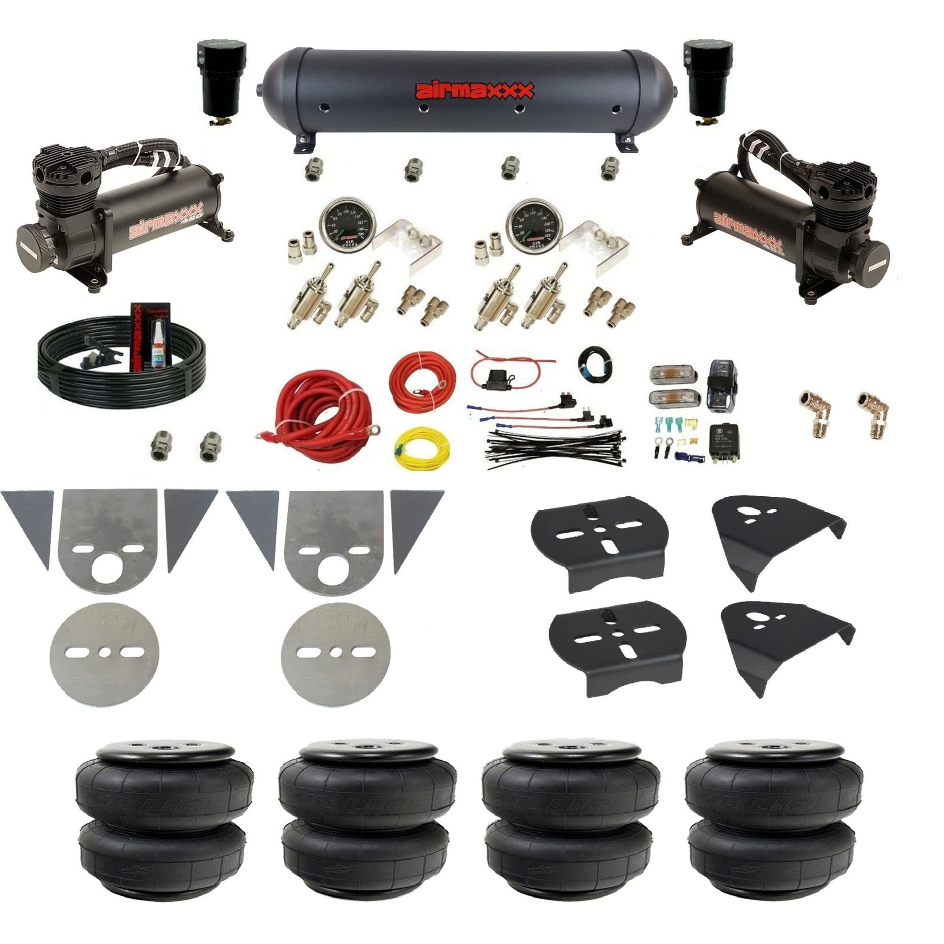 airmaxxx toggle kit with 480 black dual compressors aluminum air tank and Air Lift air bags KTOR-480B2-59ABK-4TOG2GA2B-WK-HFD25