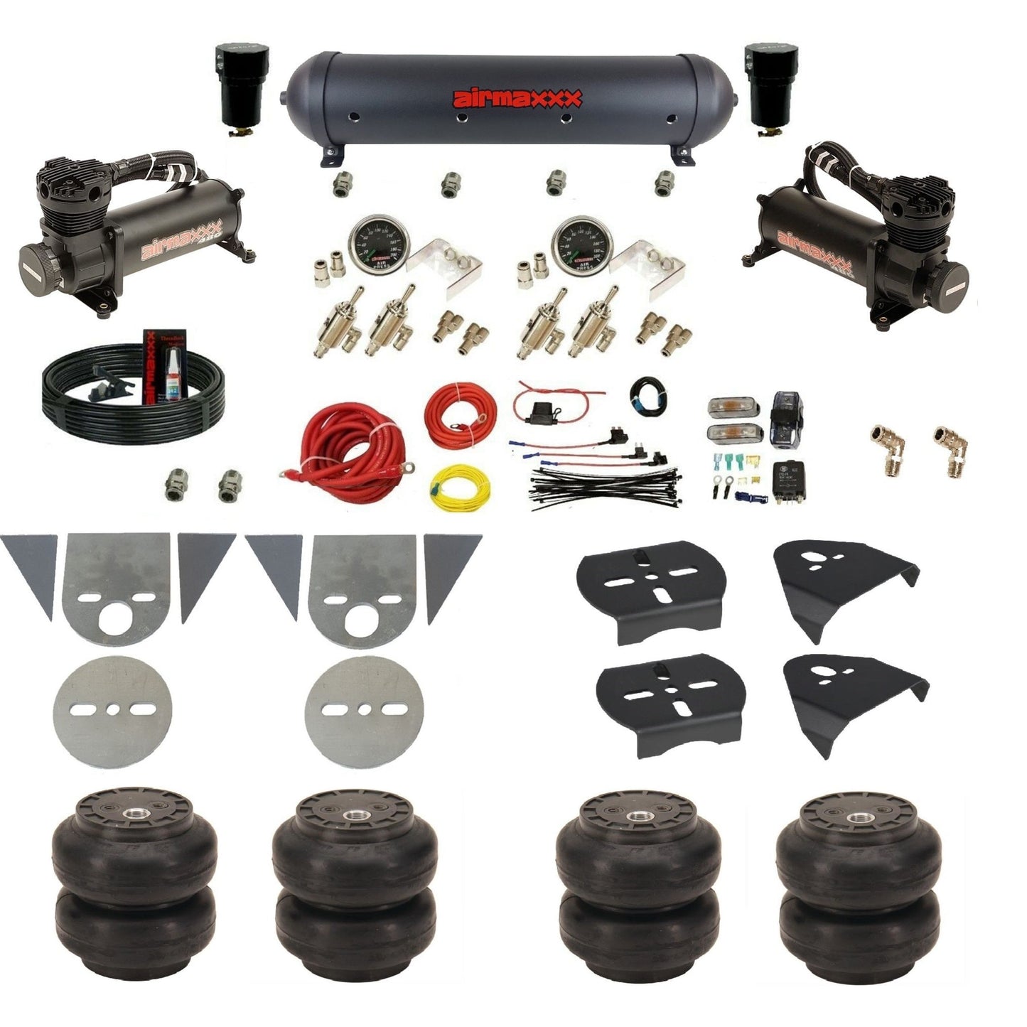 airmaxxx toggle kit with 480 black dual compressors aluminum air tank and Slam air bags KTOR-480B2-59ABK-4TOG2GA2B-WK-HFSS6