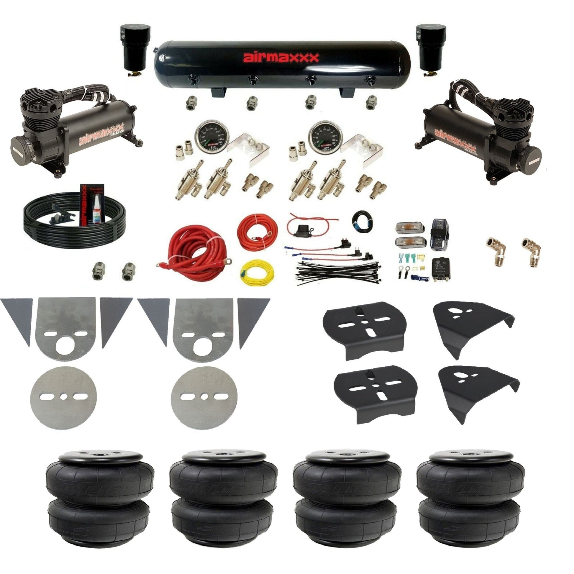 airmaxxx toggle kit with 480 black dual compressors black steel air tank and air lift air bags KTOR-480B2-59S-4TOG2GA2B-WK-HFD25