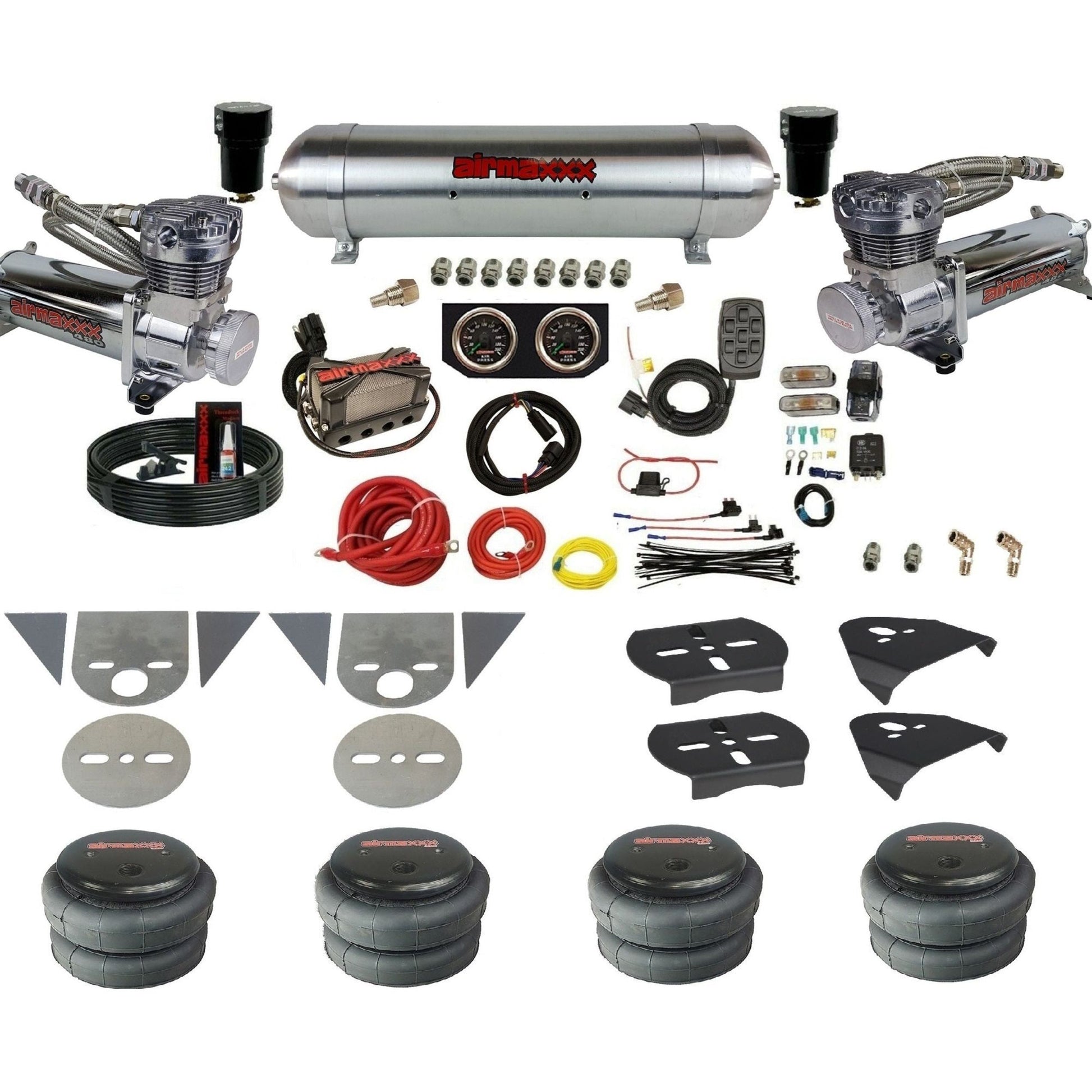 airmaxxx torsion bar mini truck air suspension kit with chrome 480 compressors aluminum tank 2500 bags and brackets KTOR-480C2-57ARW-X4X7-X7R-WK-HF