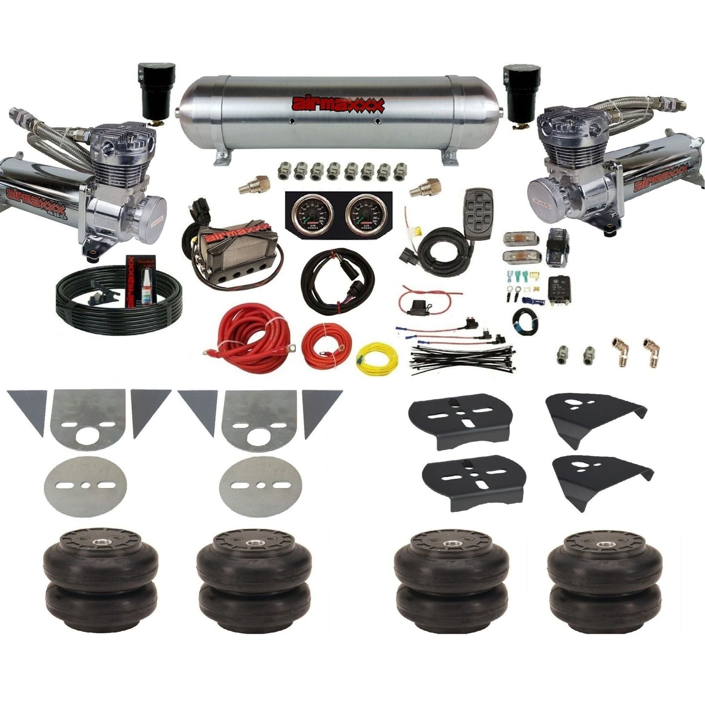 airmaxxx torsion bar mini truck air suspension kit with chrome 480 compressors aluminum tank Slam bags and brackets KTOR-480C2-57ARW-X4X7-X7R-WK-HFSS6