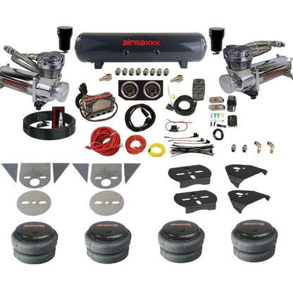 airmaxxx torsion bar mini truck air suspension kit with chrome 480 compressors steel tank 2500 bags and brackets KTOR-480C2-57S-X4X7-X7R-WK-HF