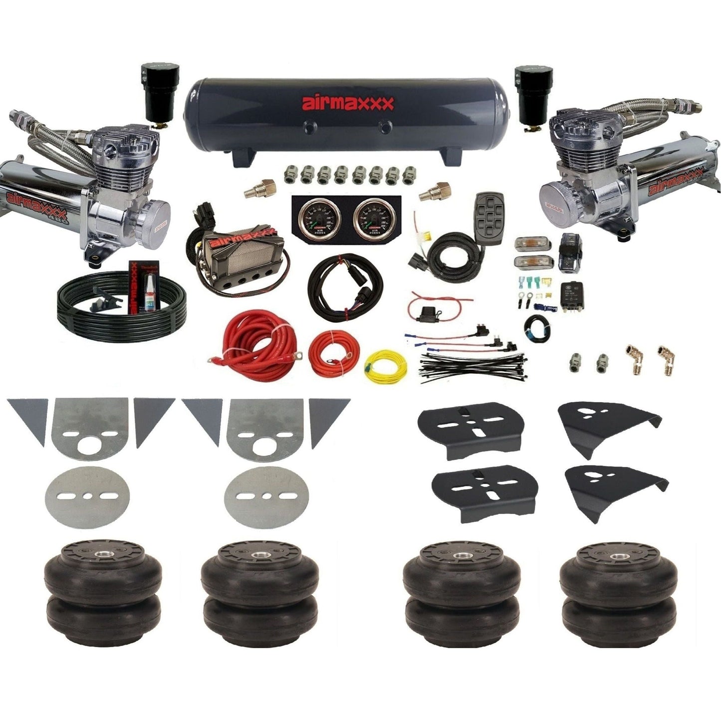 airmaxxx torsion bar mini truck air suspension kit with chrome 480 compressors steel tank Slam bags and brackets KTOR-480C2-57S-X4X7-X7R-WK-HFSS6