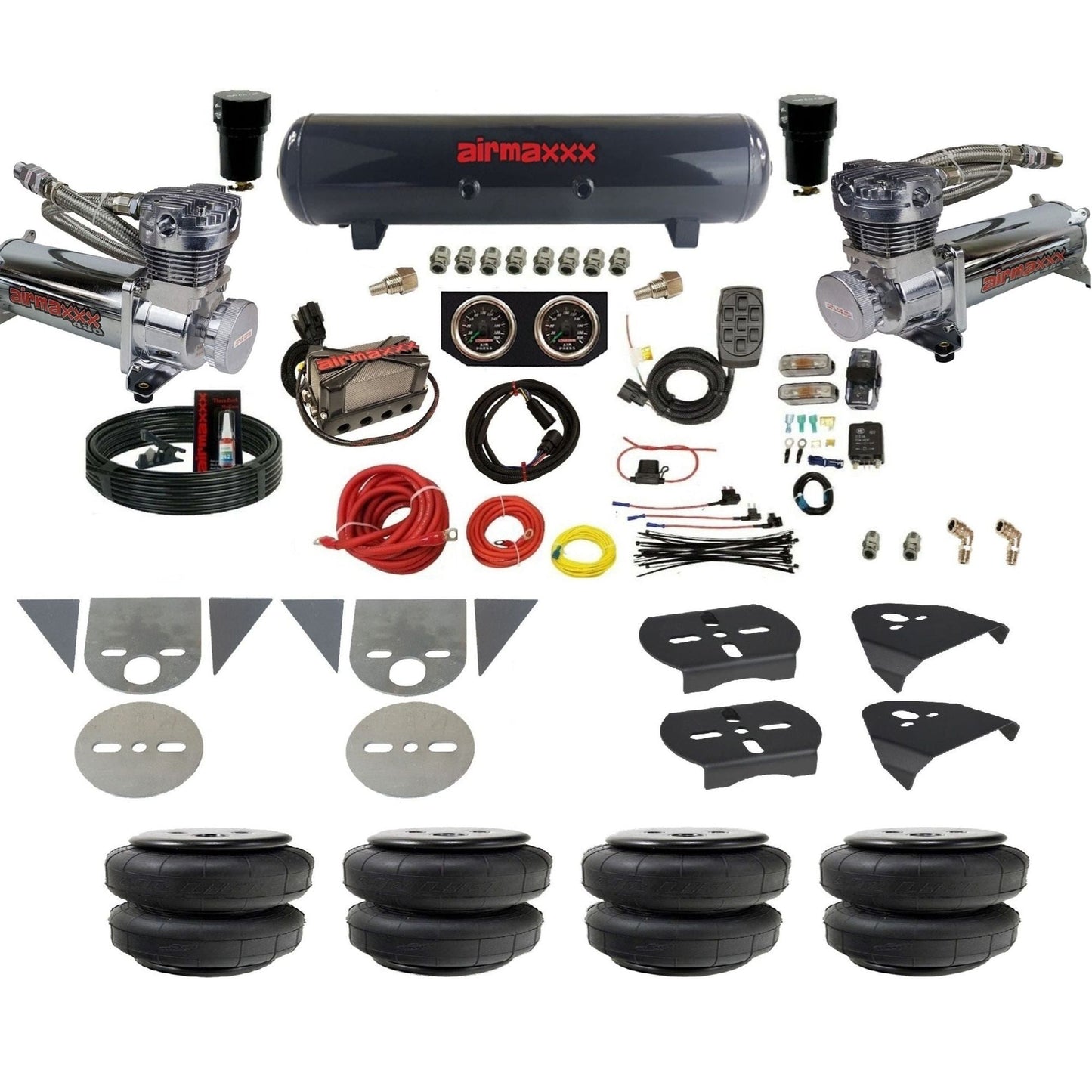 airmaxxx torsion bar mini truck air suspension kit with chrome 480 compressors steel tank air lift bags and brackets KTOR-480C2-57S-X4X7-X7R-WK-HFD25